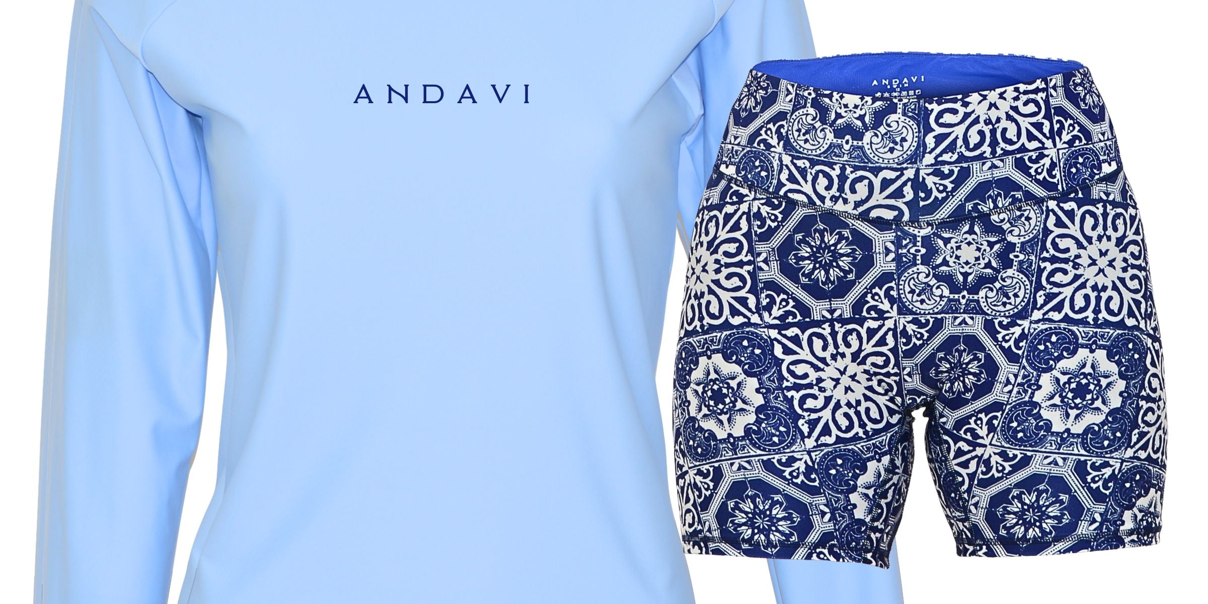Light blue long-sleeve top and patterned shorts with 'ANDAVI' branding on a white background