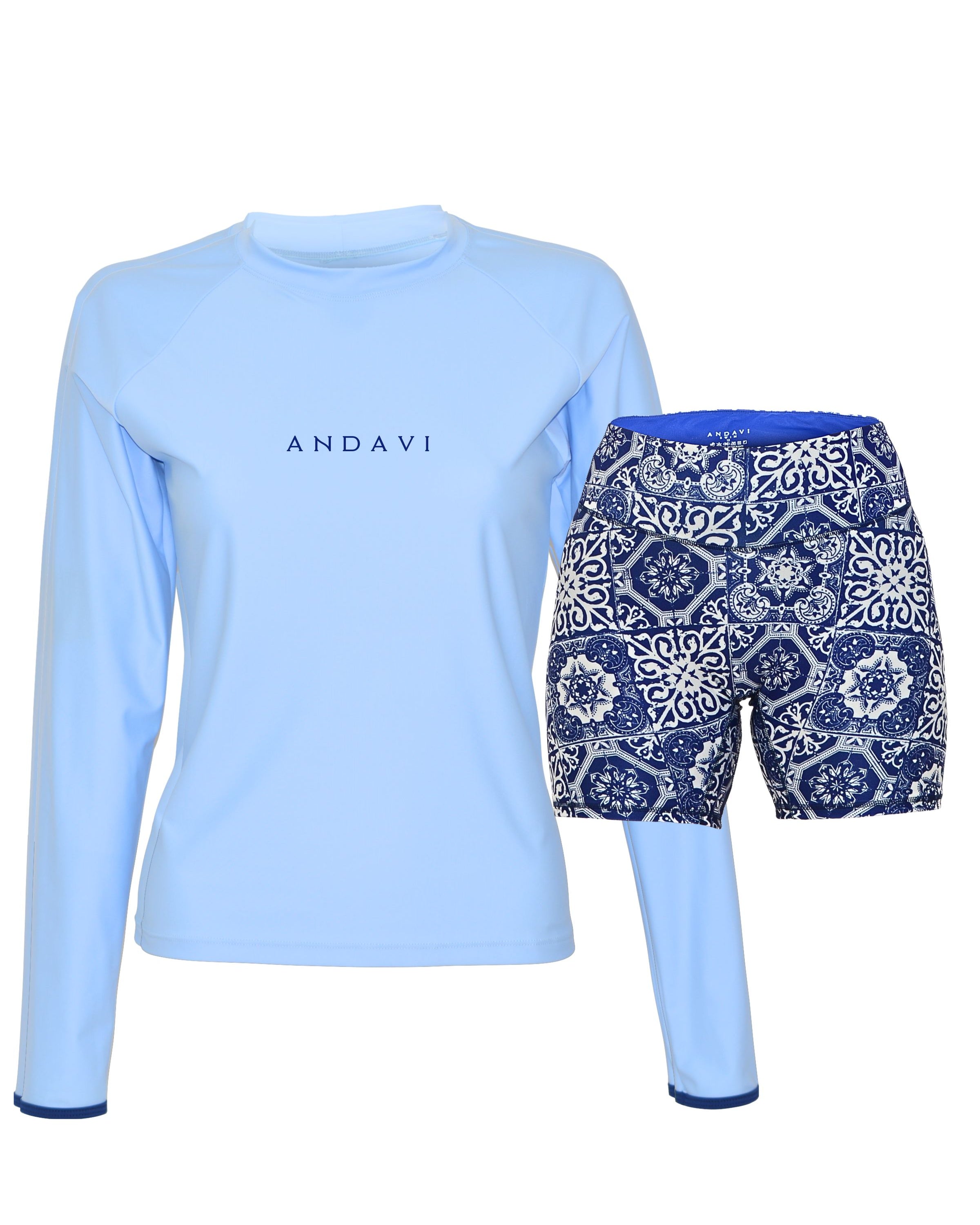 Light blue long-sleeve top and patterned shorts with 'ANDAVI' branding on a white background