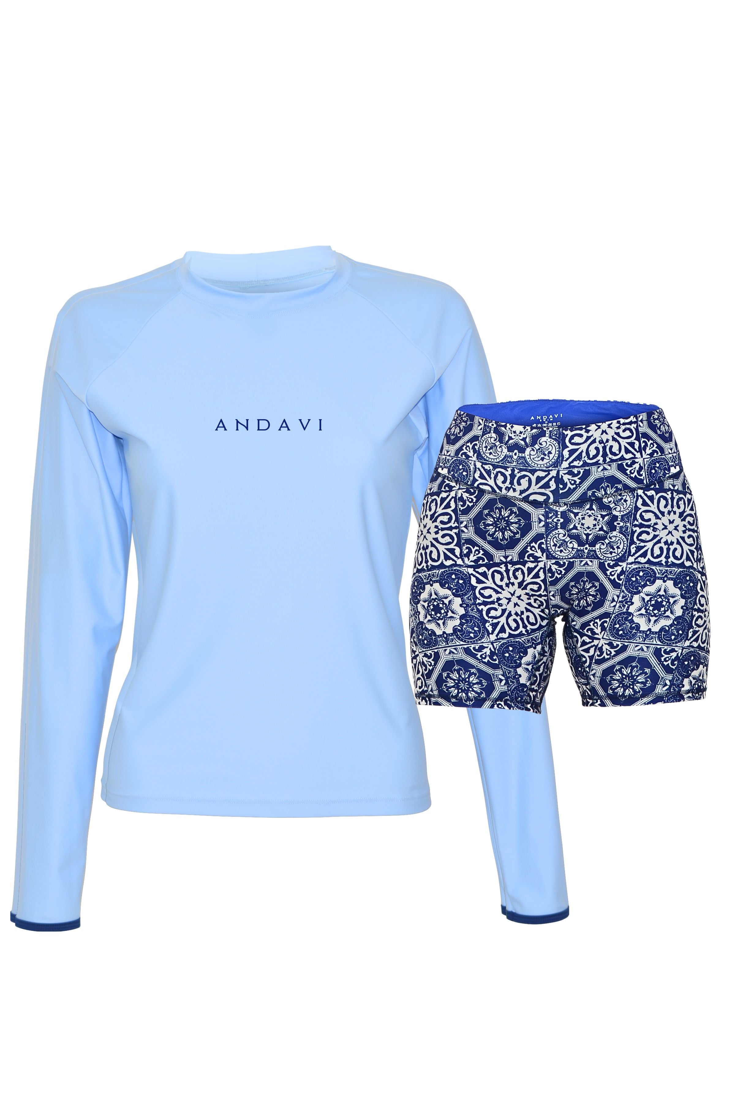 Light blue long-sleeve top and patterned shorts with 'ANDAVI' branding on a white background