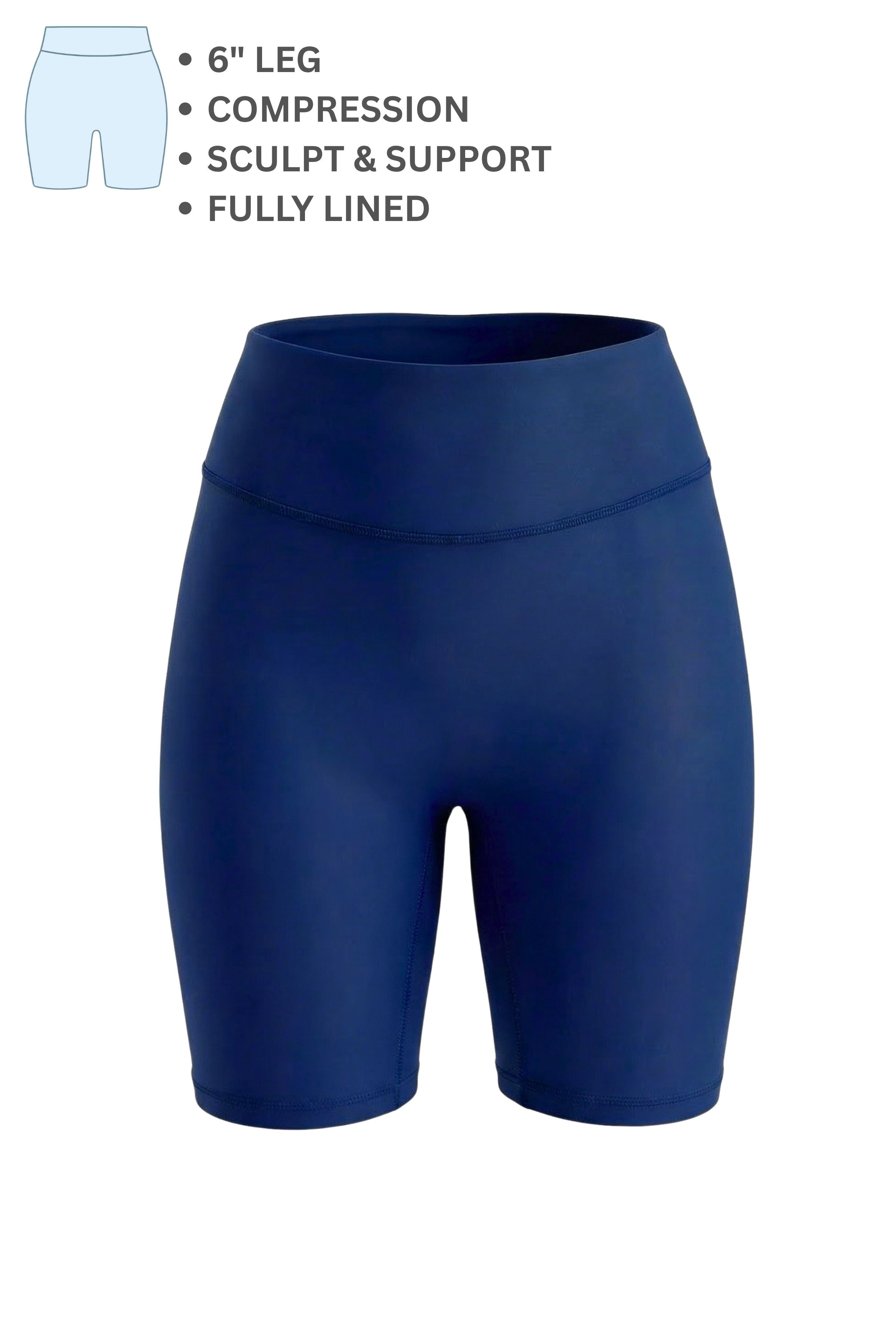 Blue athletic shorts with text detailing features on a white background