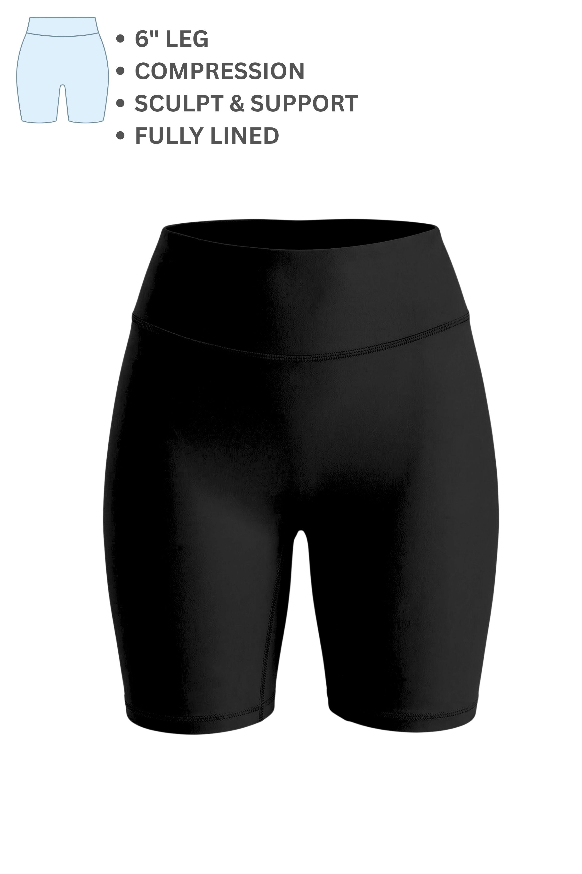 Black compression shorts with text detailing features on a white background