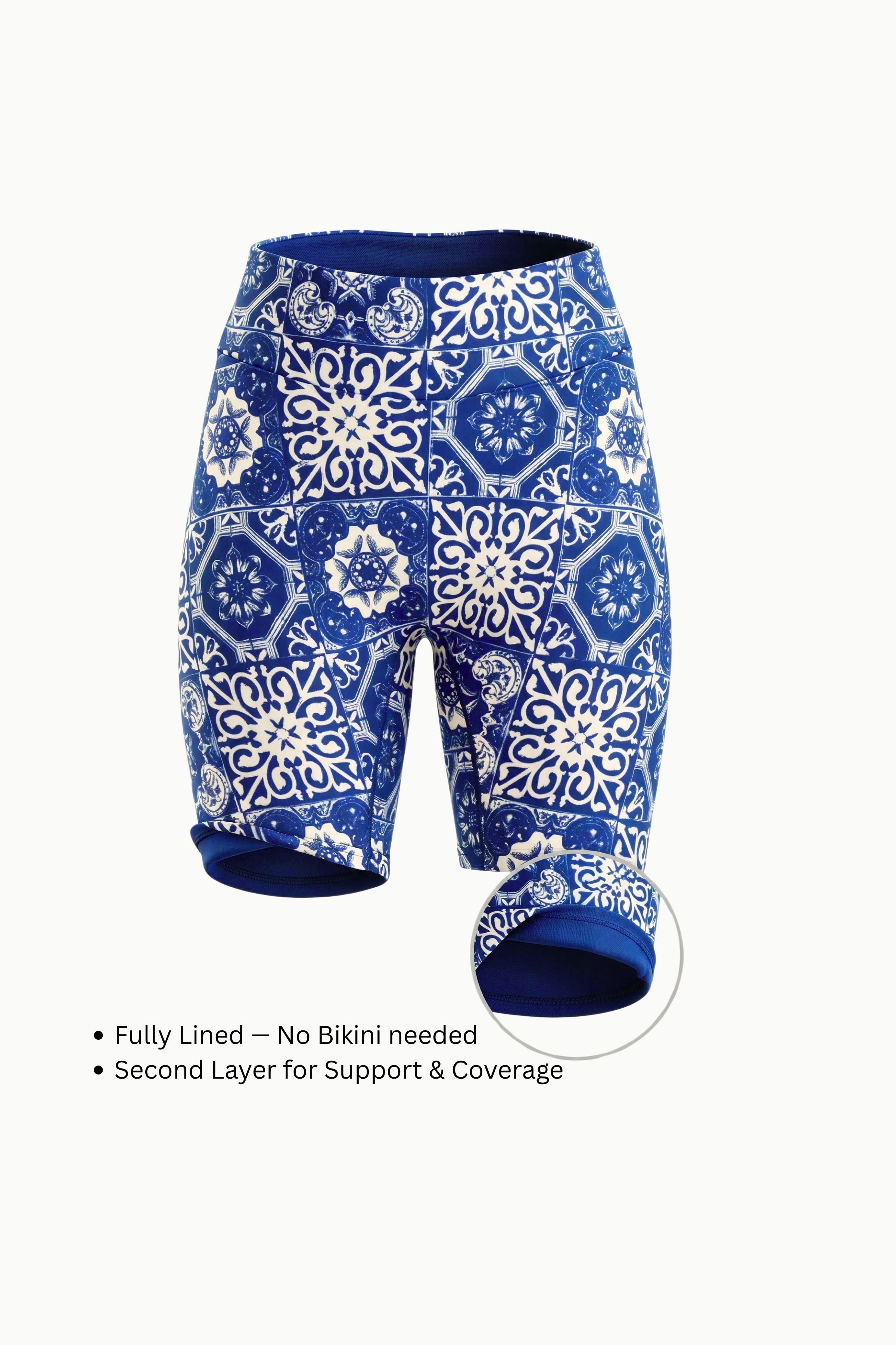 Blue and white patterned womens swim shorts on a white background