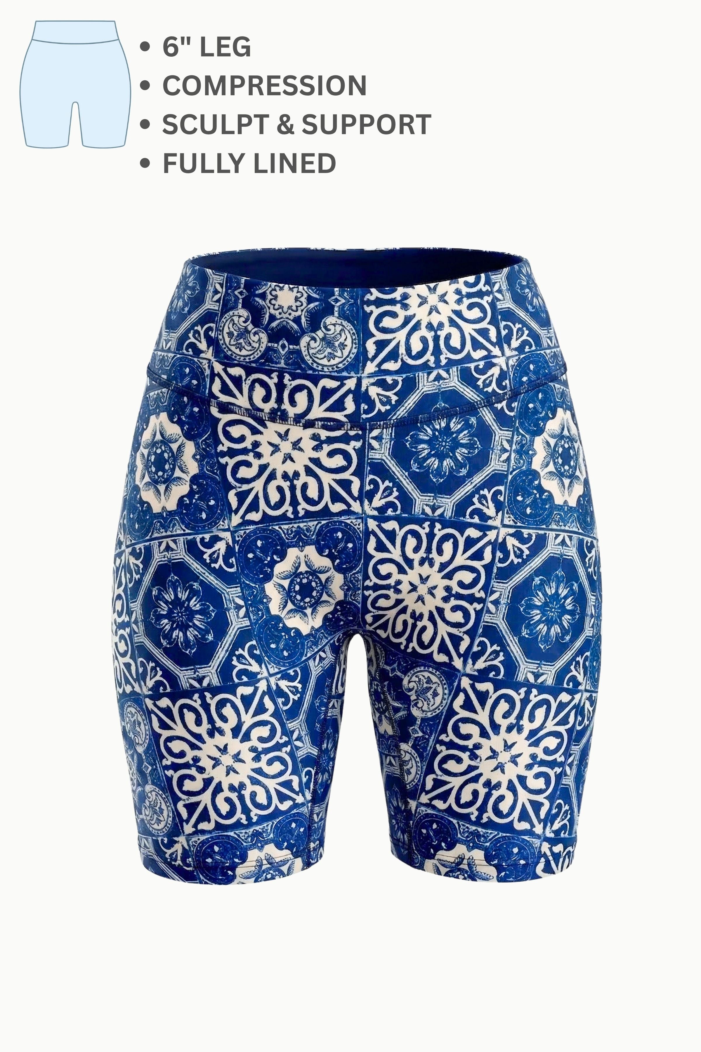 Blue and white patterned compression shorts with text detailing features on a white background