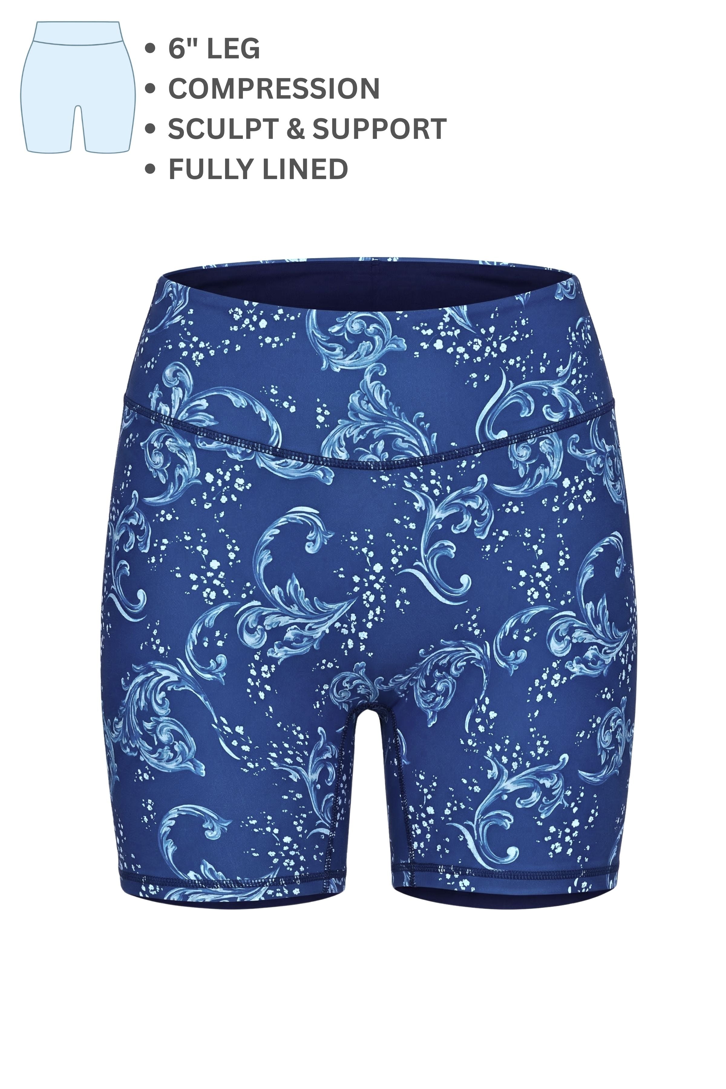 Blue compression shorts with mermaid pattern on a white background