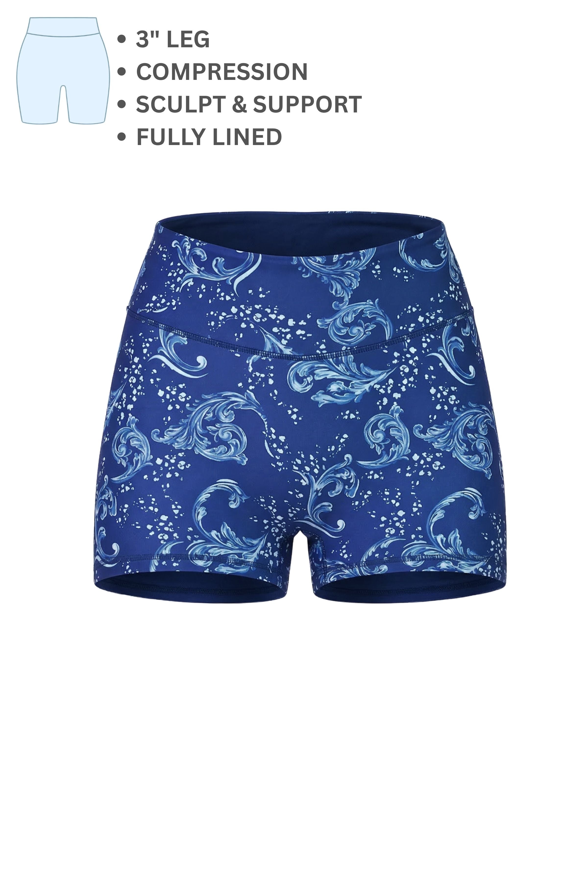 Blue compression shorts with whale pattern on a white background