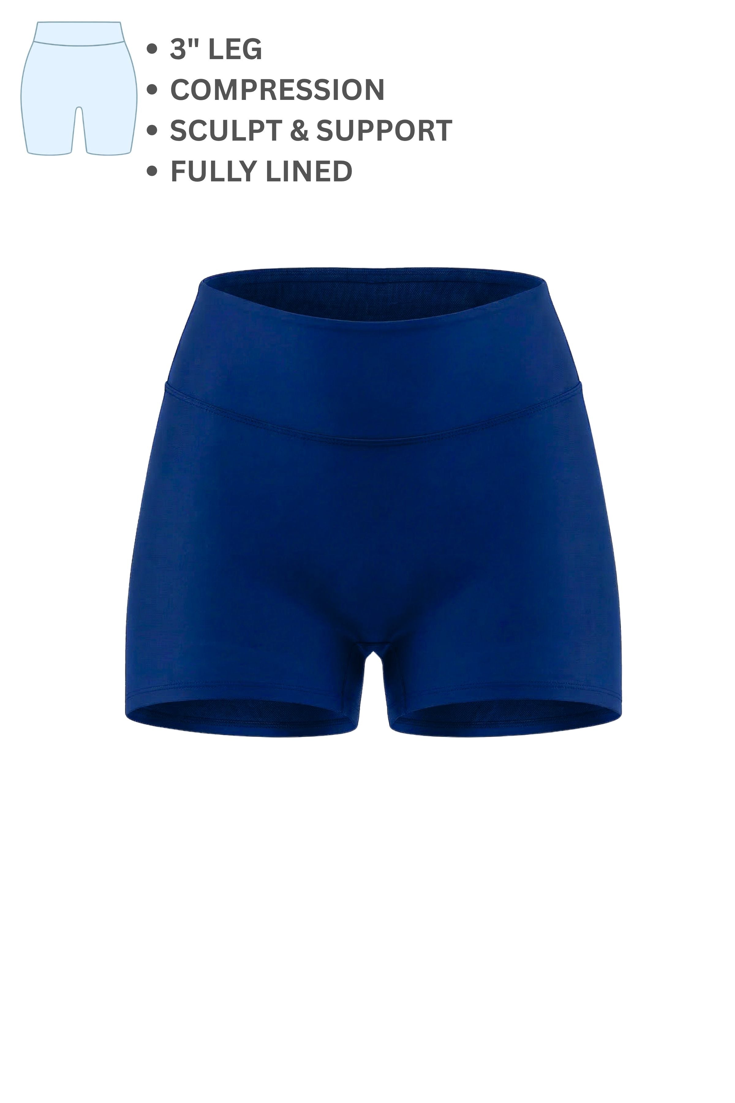 Blue compression shorts with text detailing features on a white background