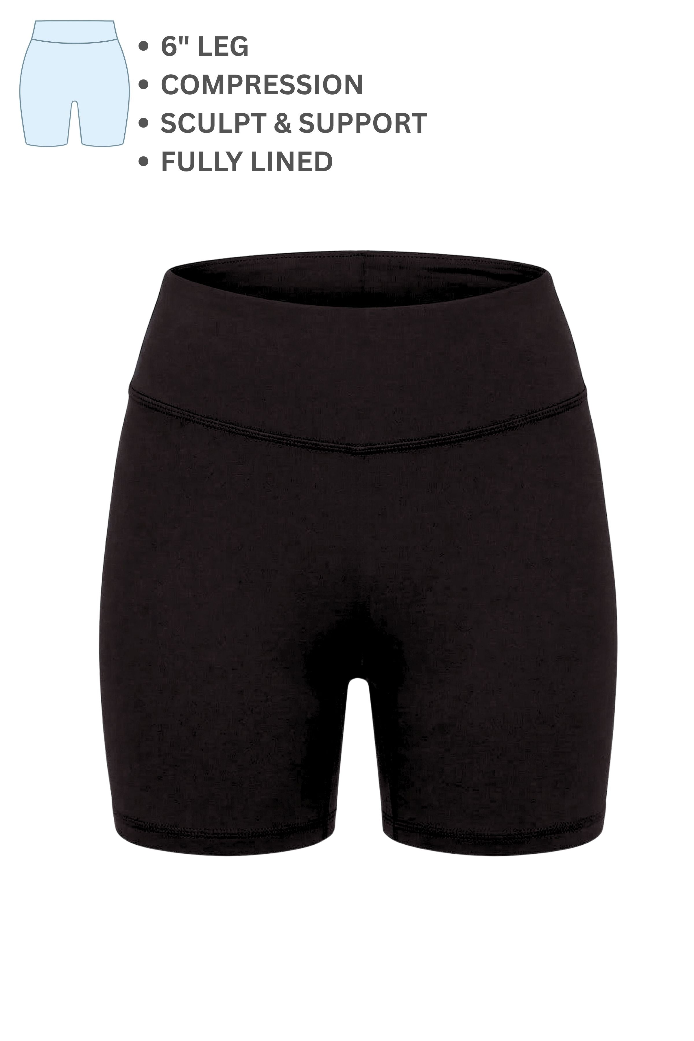 Black compression shorts with text detailing features on a white background