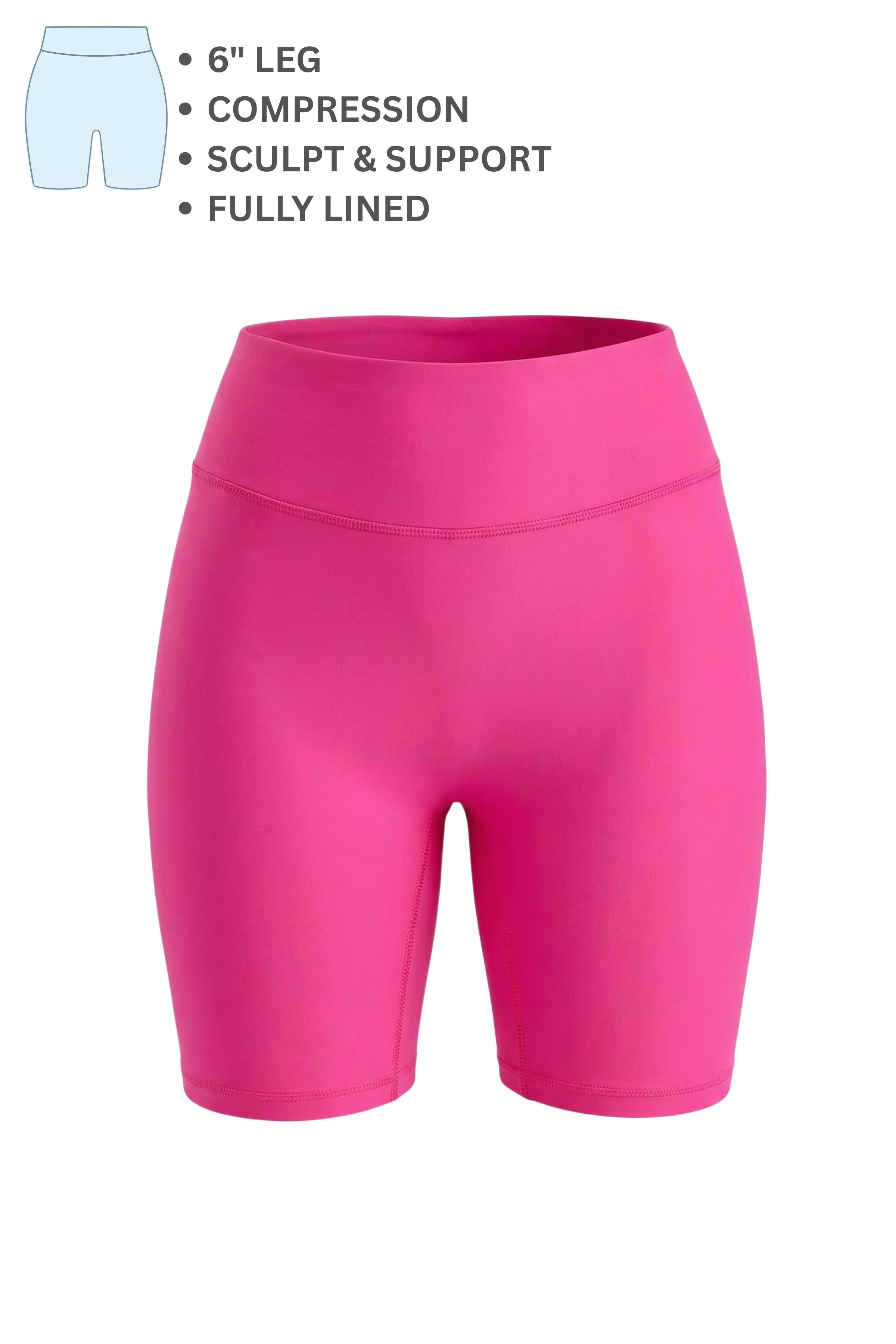 Pink compression shorts with text detailing features on a white background
