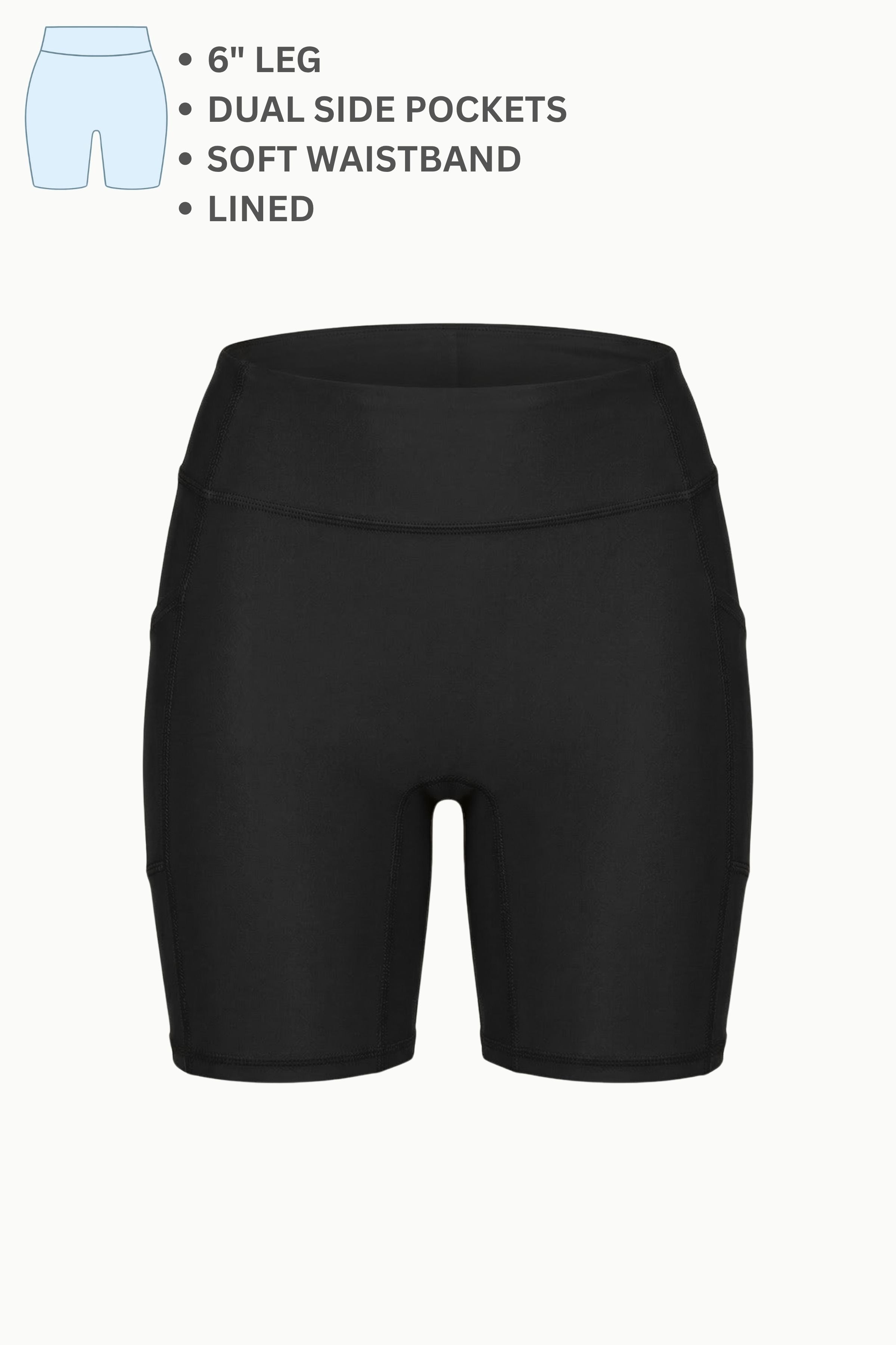 Black bike shorts with features listed on a white background