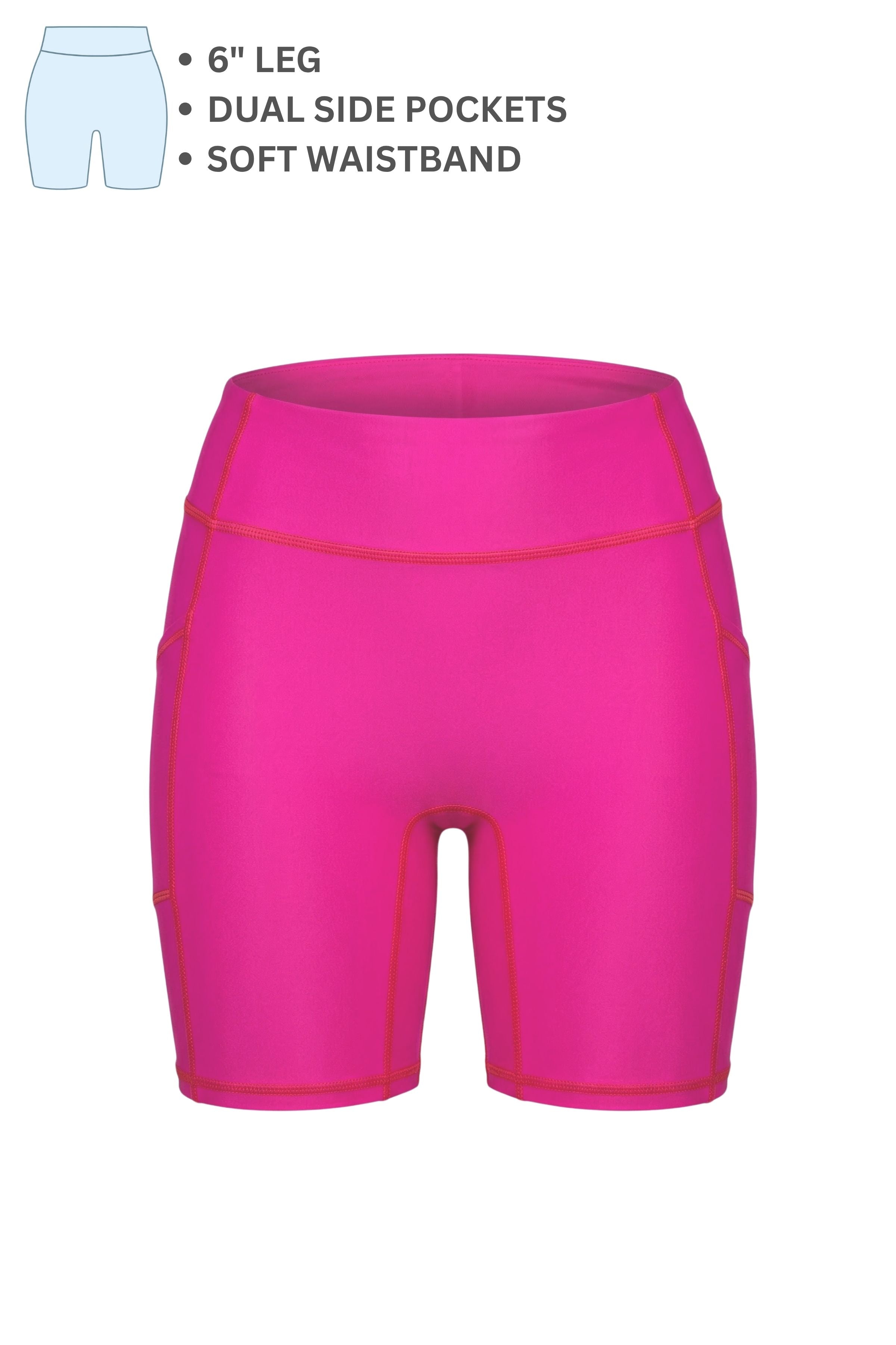 Pink athletic shorts with text detailing features on a white background