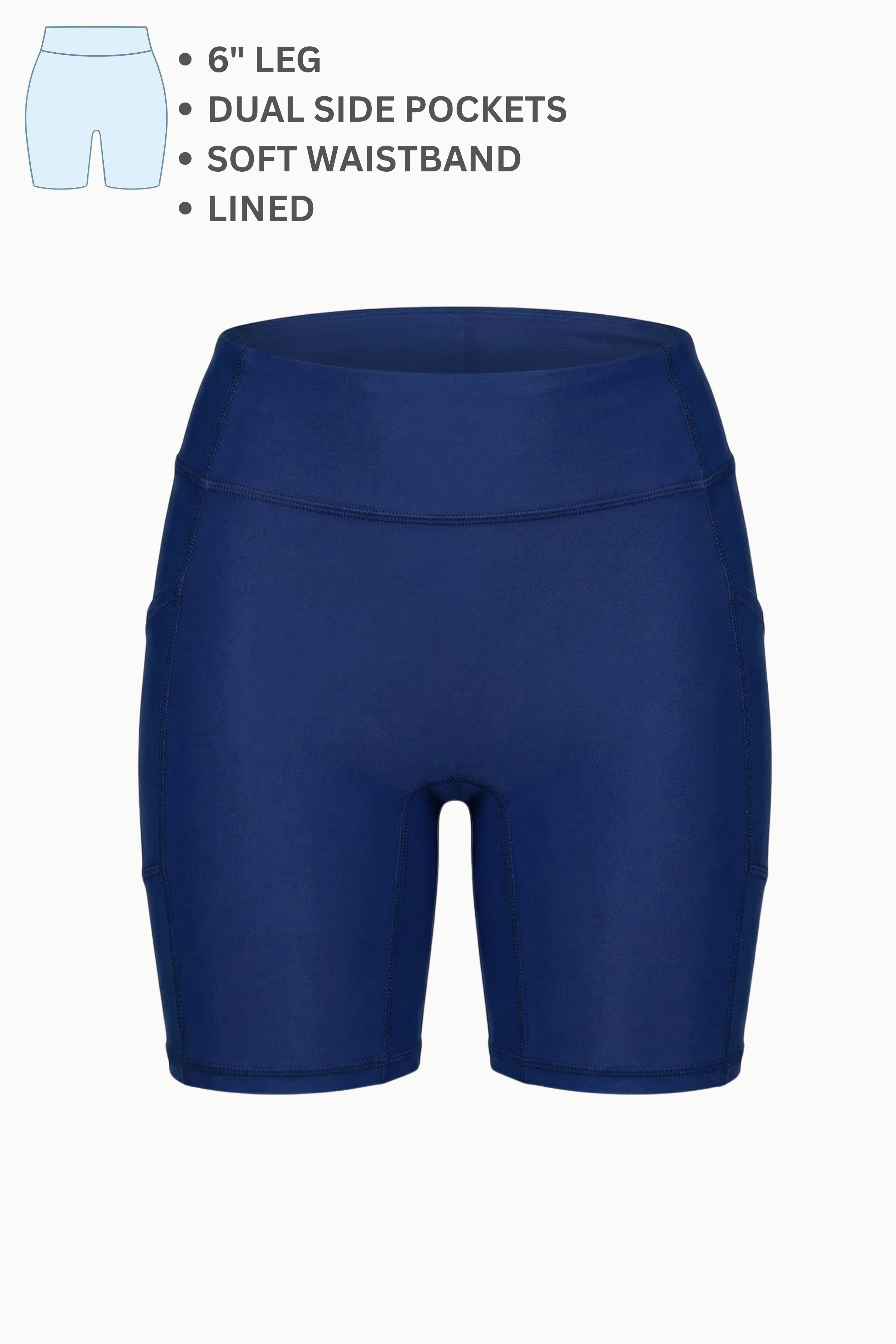 Navy blue athletic shorts with text detailing features on a white background