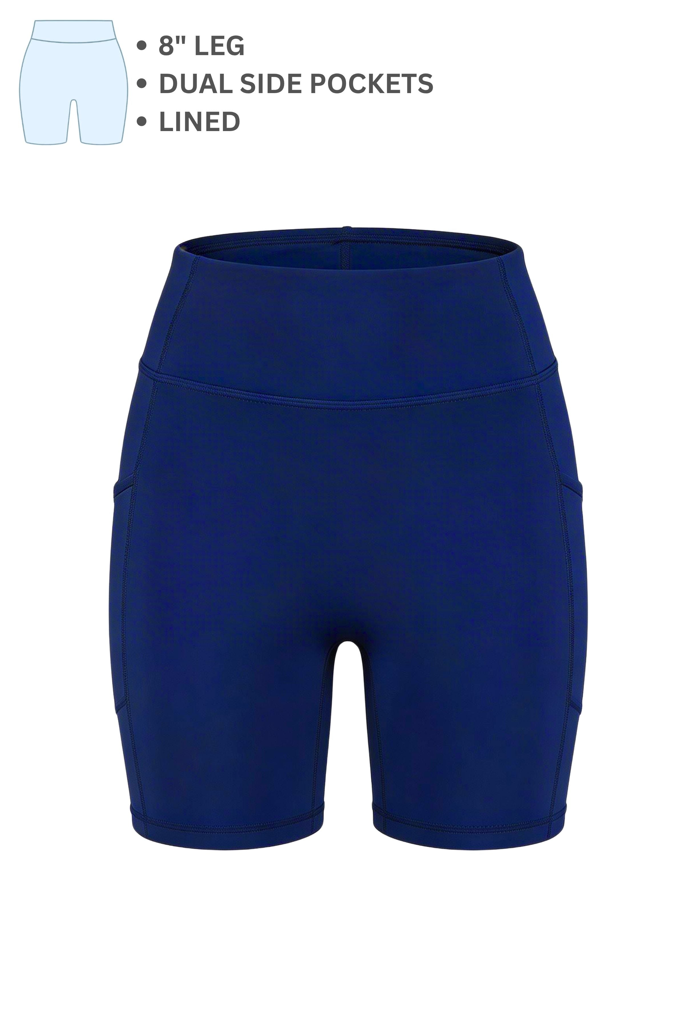 Blue athletic shorts with 8-inch leg, dual side pockets, and lined design on a white background.
