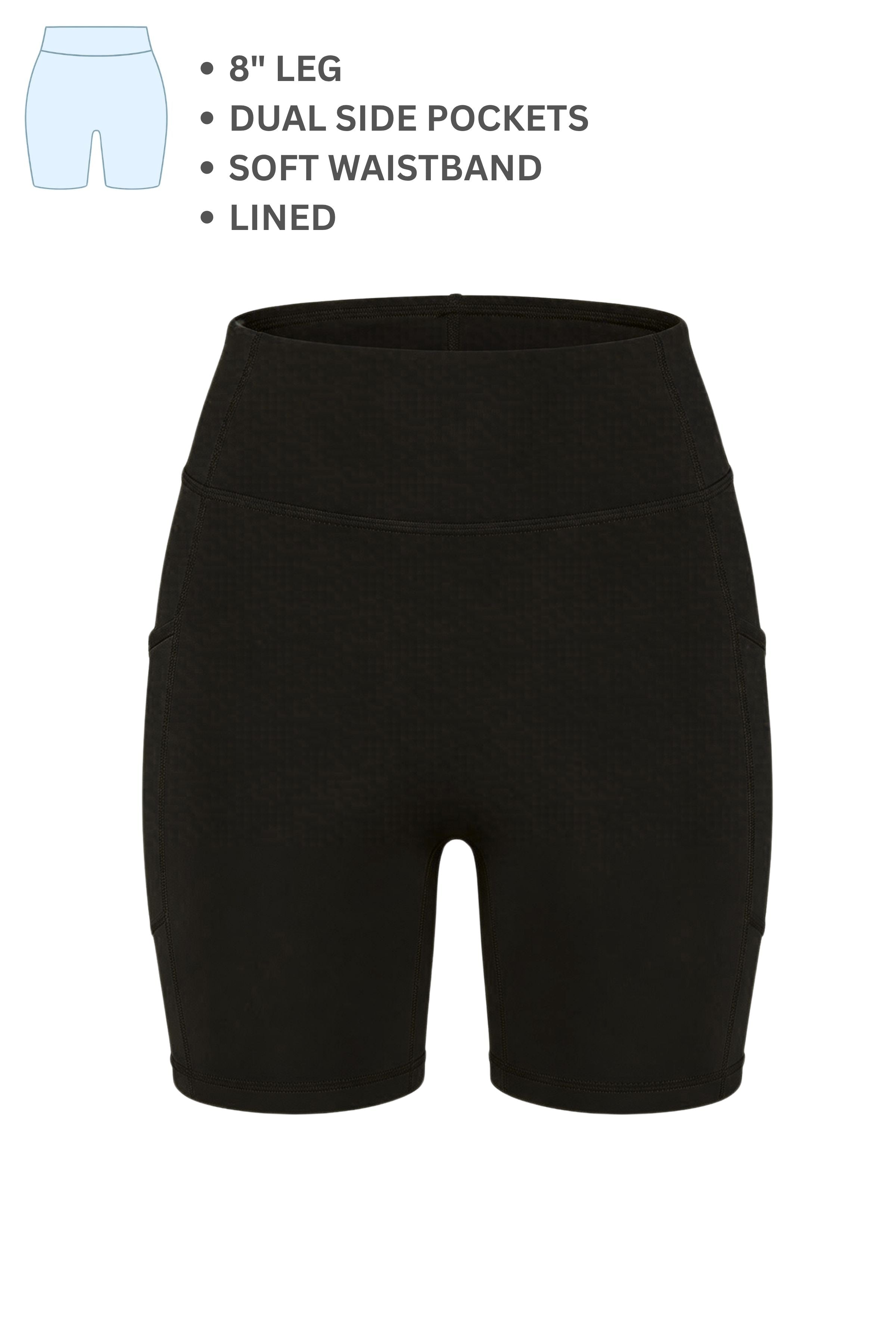 Black bike shorts with text detailing features on a white background