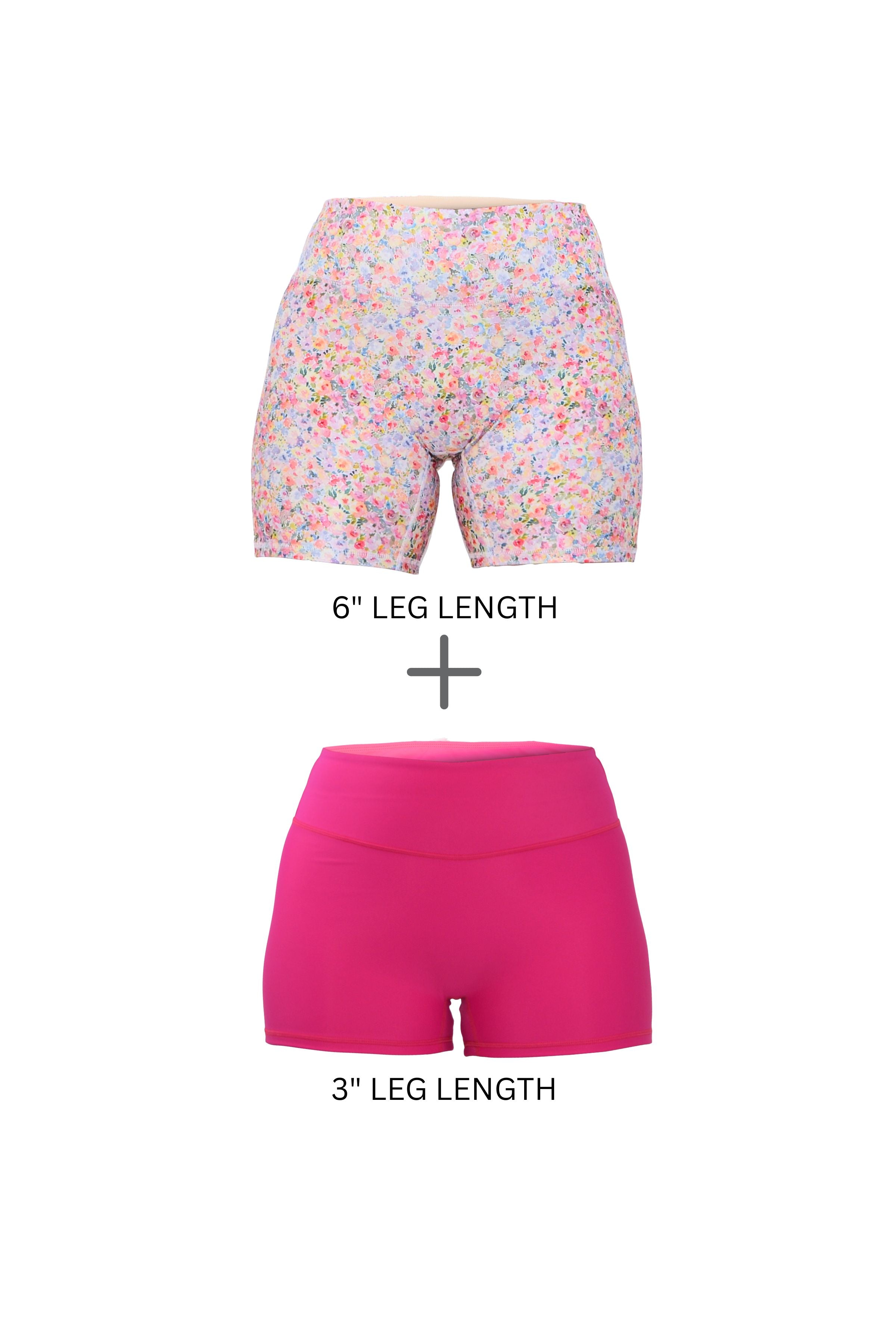 Two pairs of shorts, one floral and one pink, with labeled leg lengths on a white background.