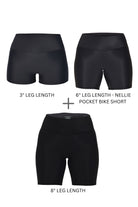 Three black bike shorts with labeled leg lengths on a white background