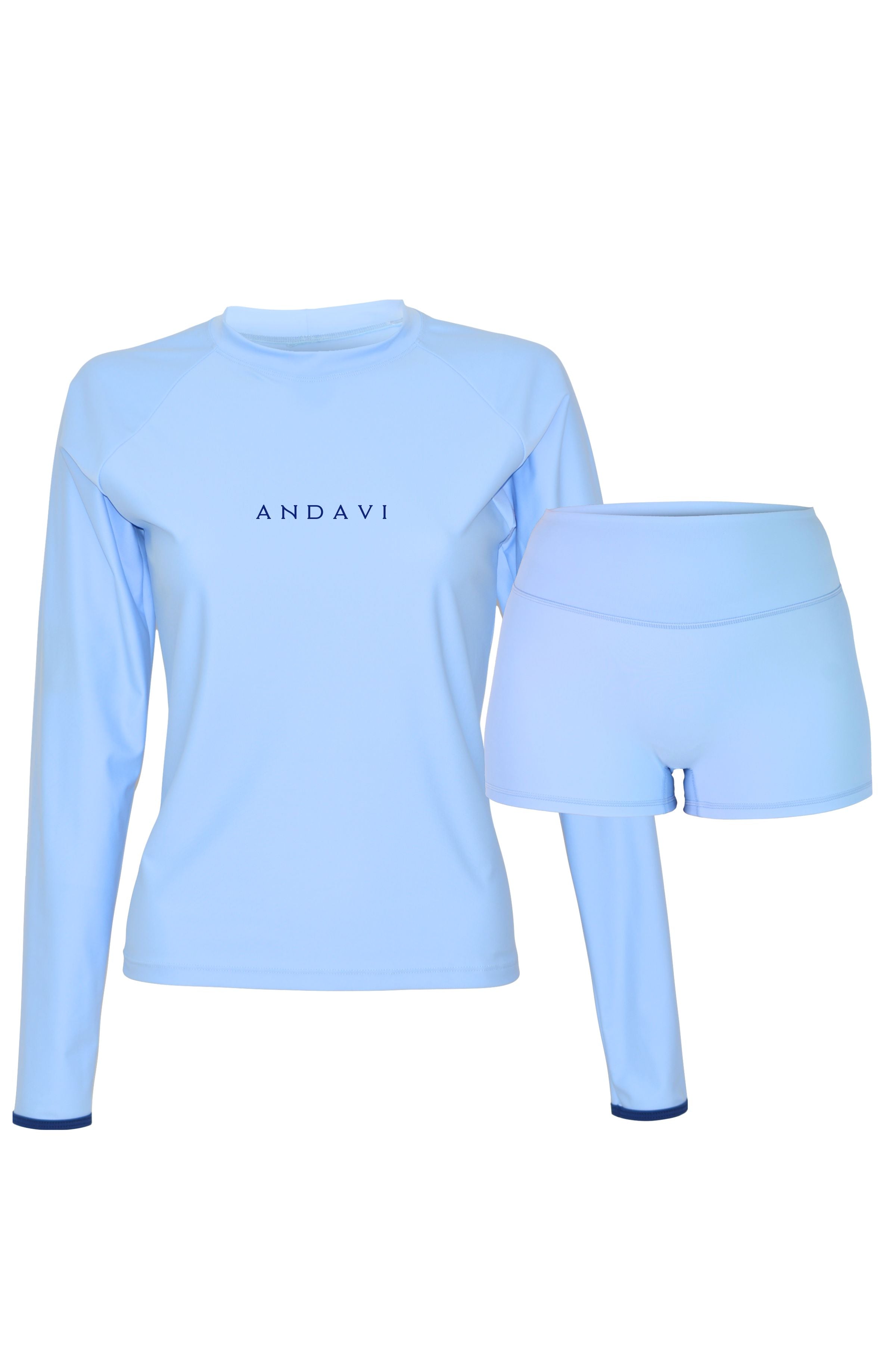 Light blue long-sleeve top and shorts set with 'ANDAVI' branding on a white background