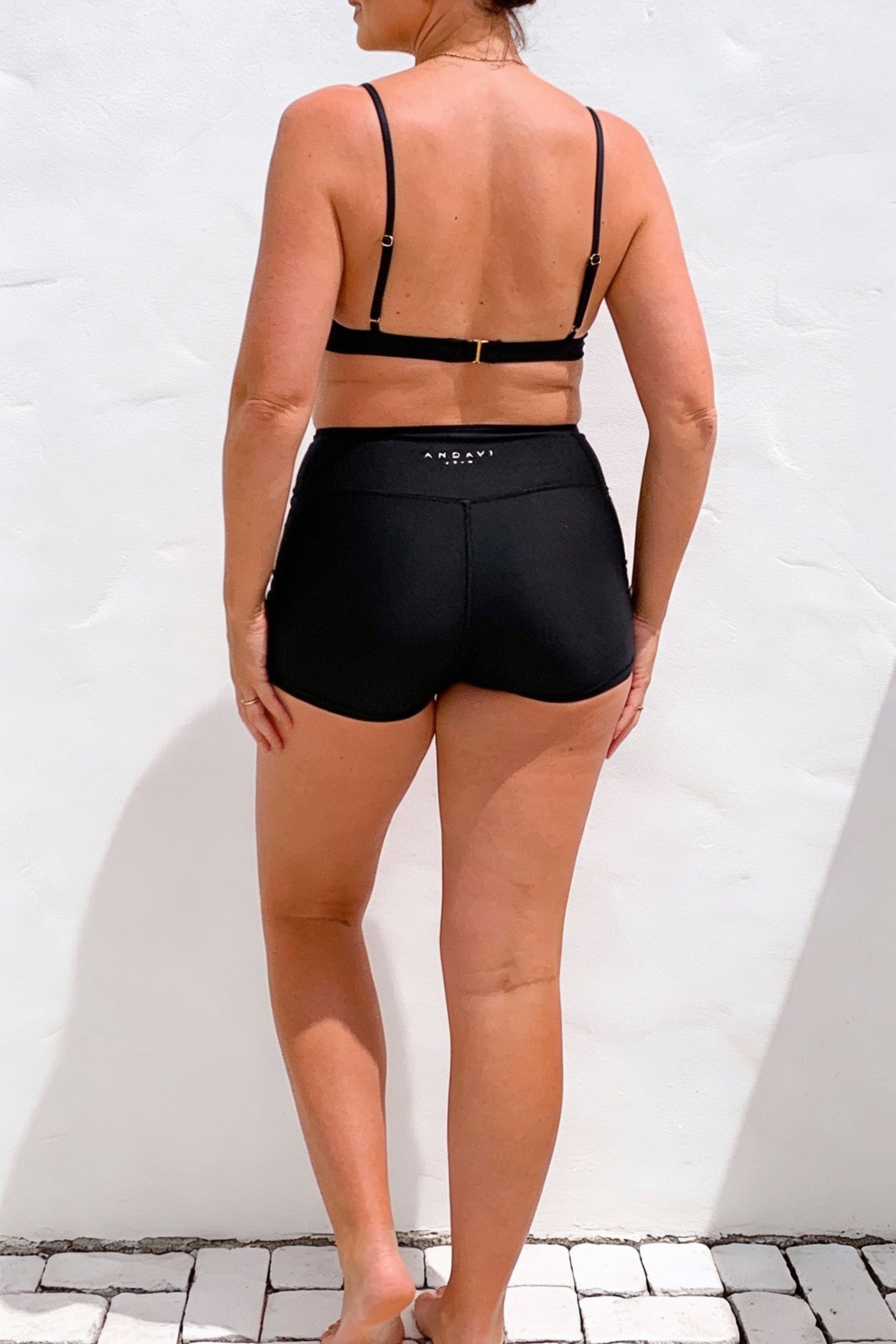 women wearing black high-waisted swim shorts and a black bikini top against a white background