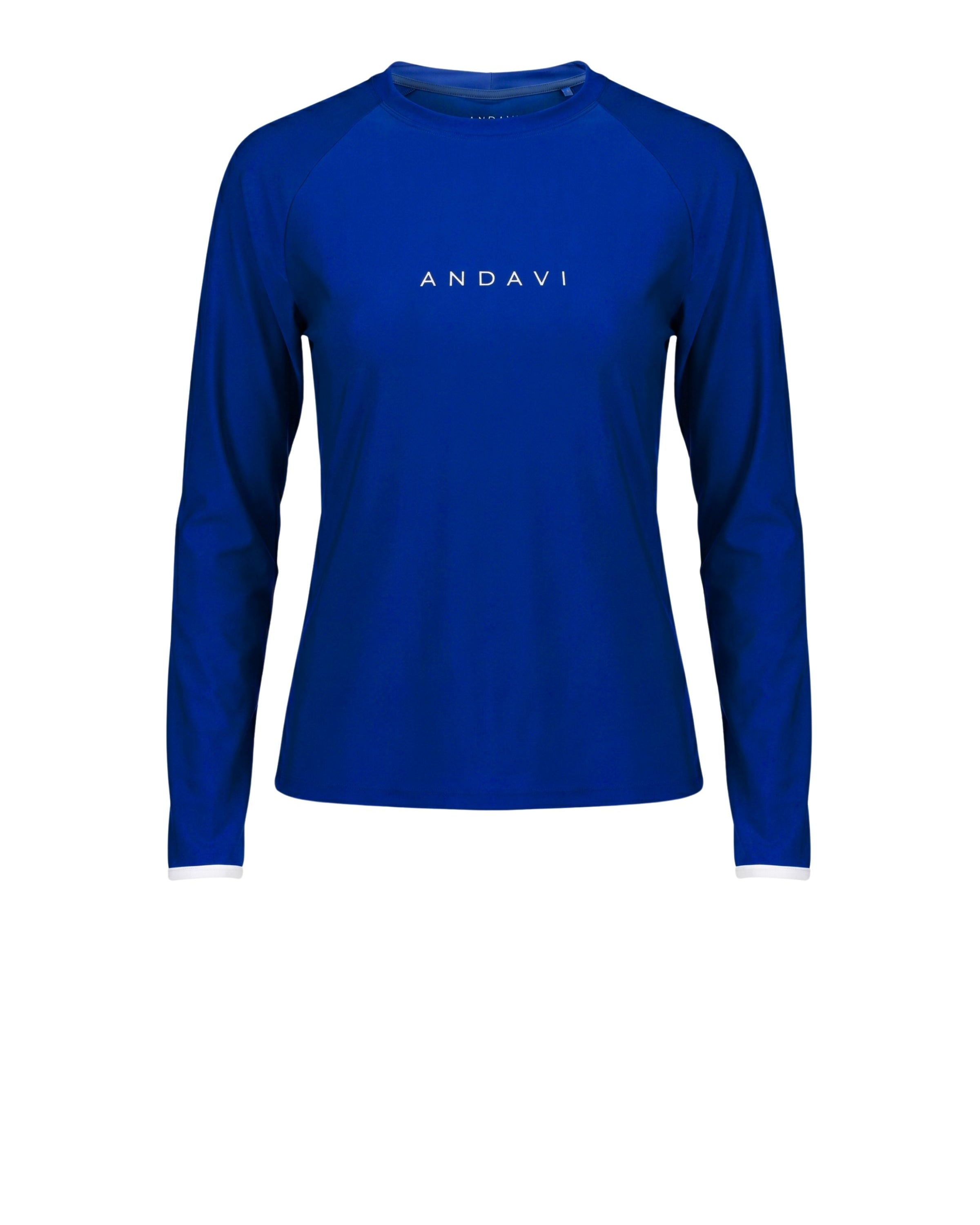 Blue long-sleeve shirt with 'ANDAVI' branding on a white background