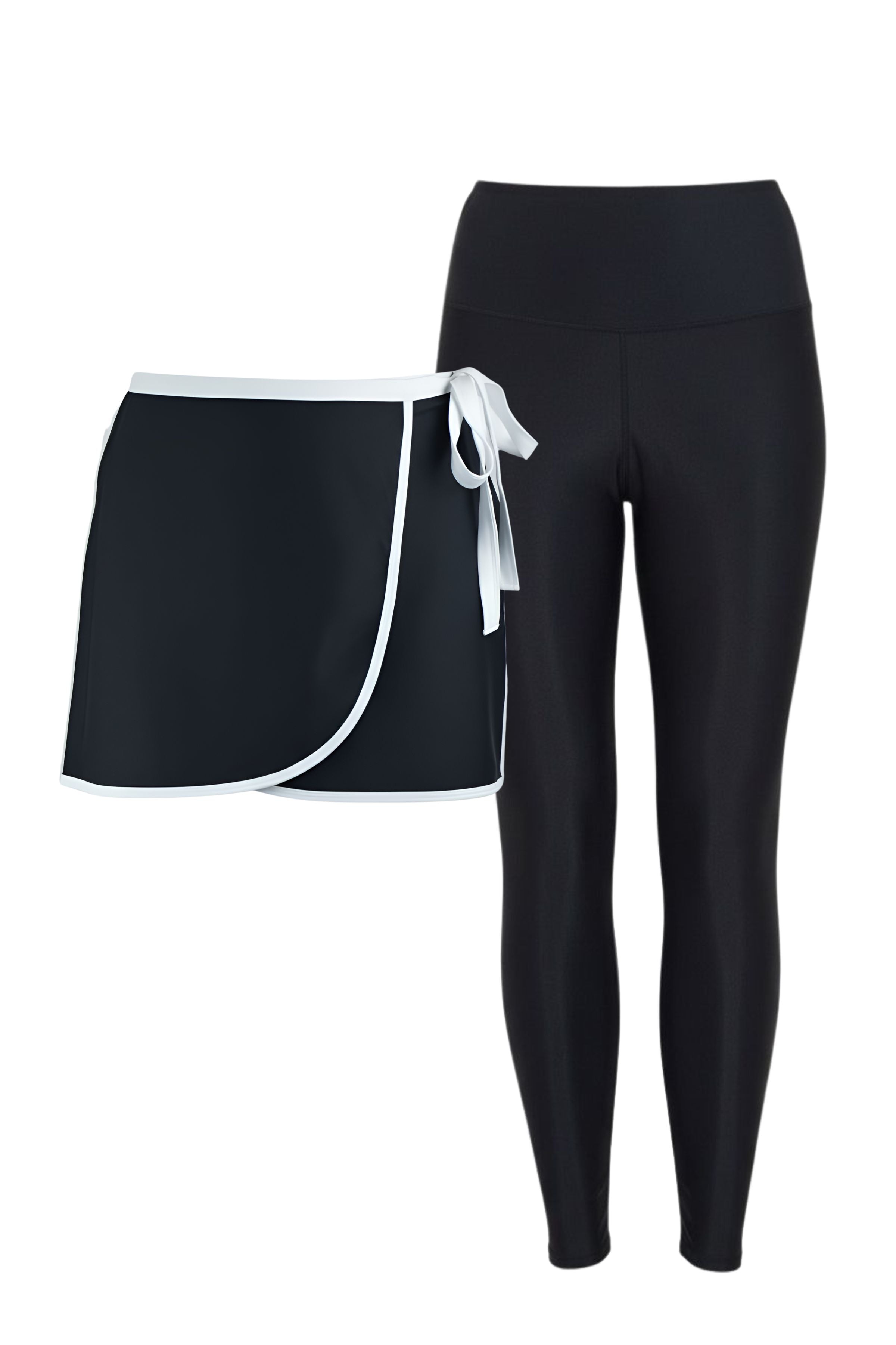 Black swim active wrap skirt and swim leggings set on a white background