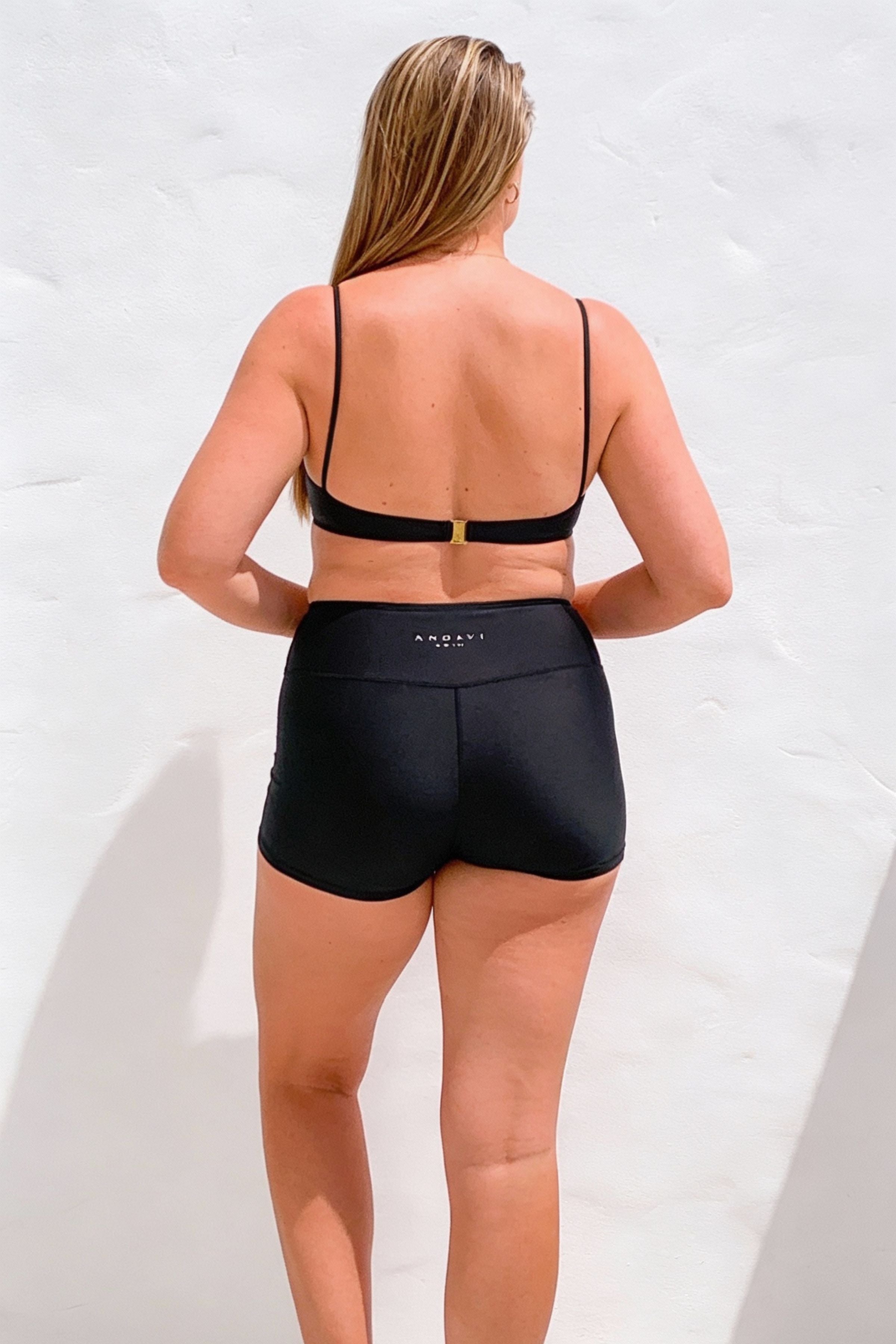 Person wearing a black bikini with a white background