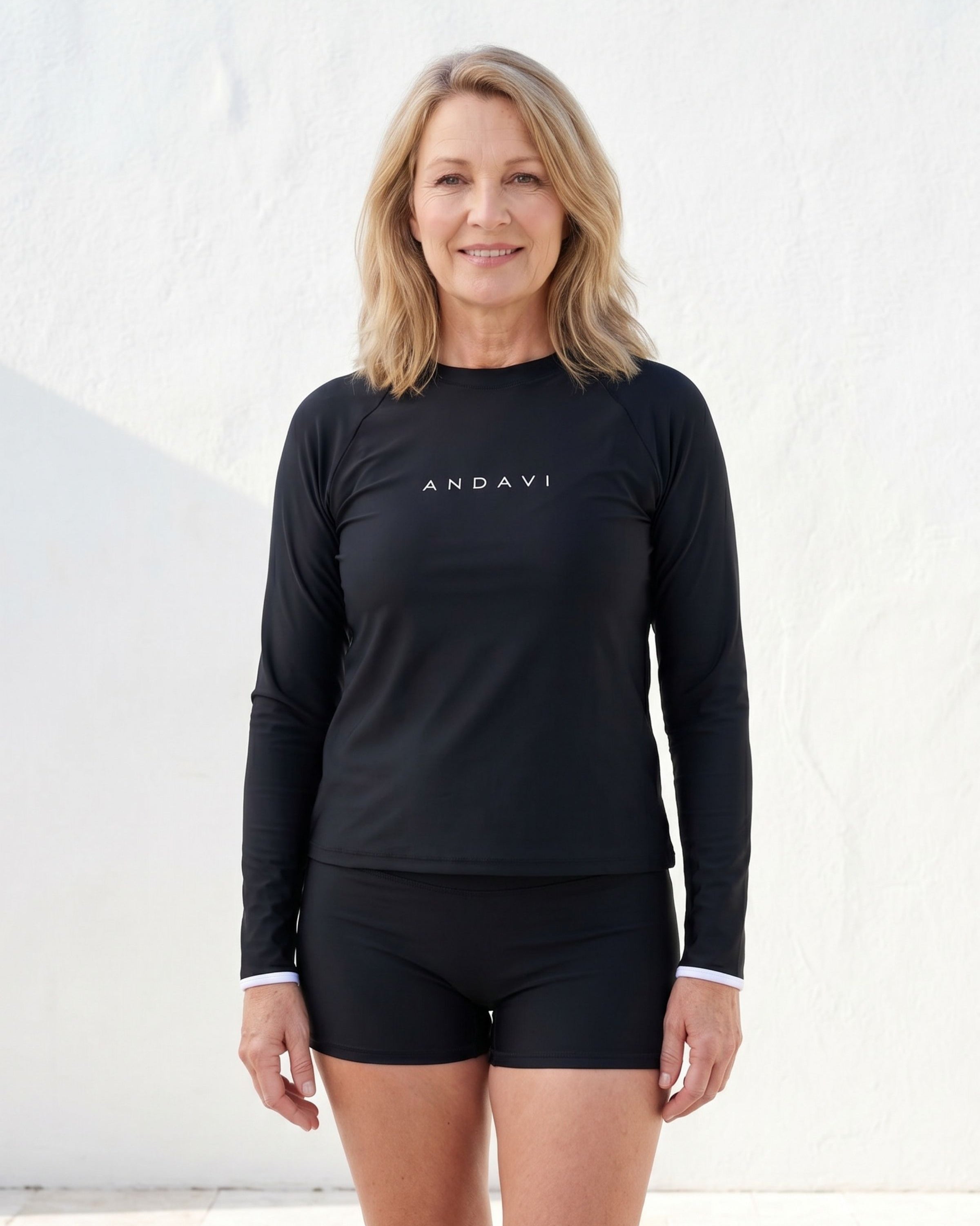 women wearing black andavi rash guard and black andavi swim shorts