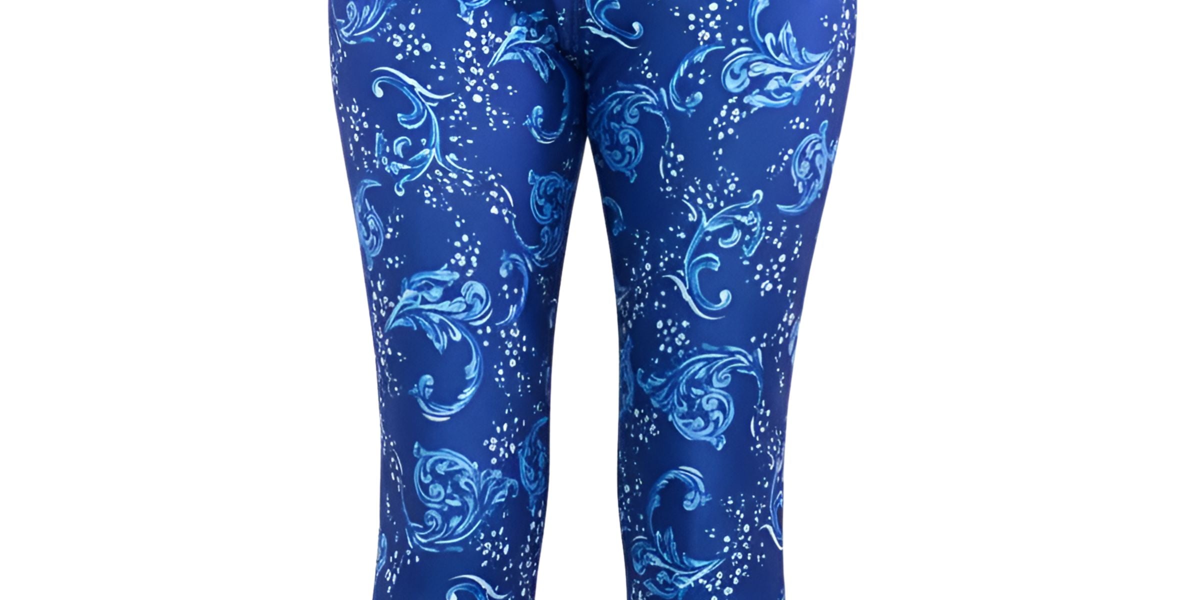 Blue patterned swim leggings on a white background