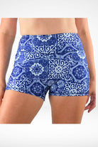 model wearing geometric white blue print andavi swim shorties