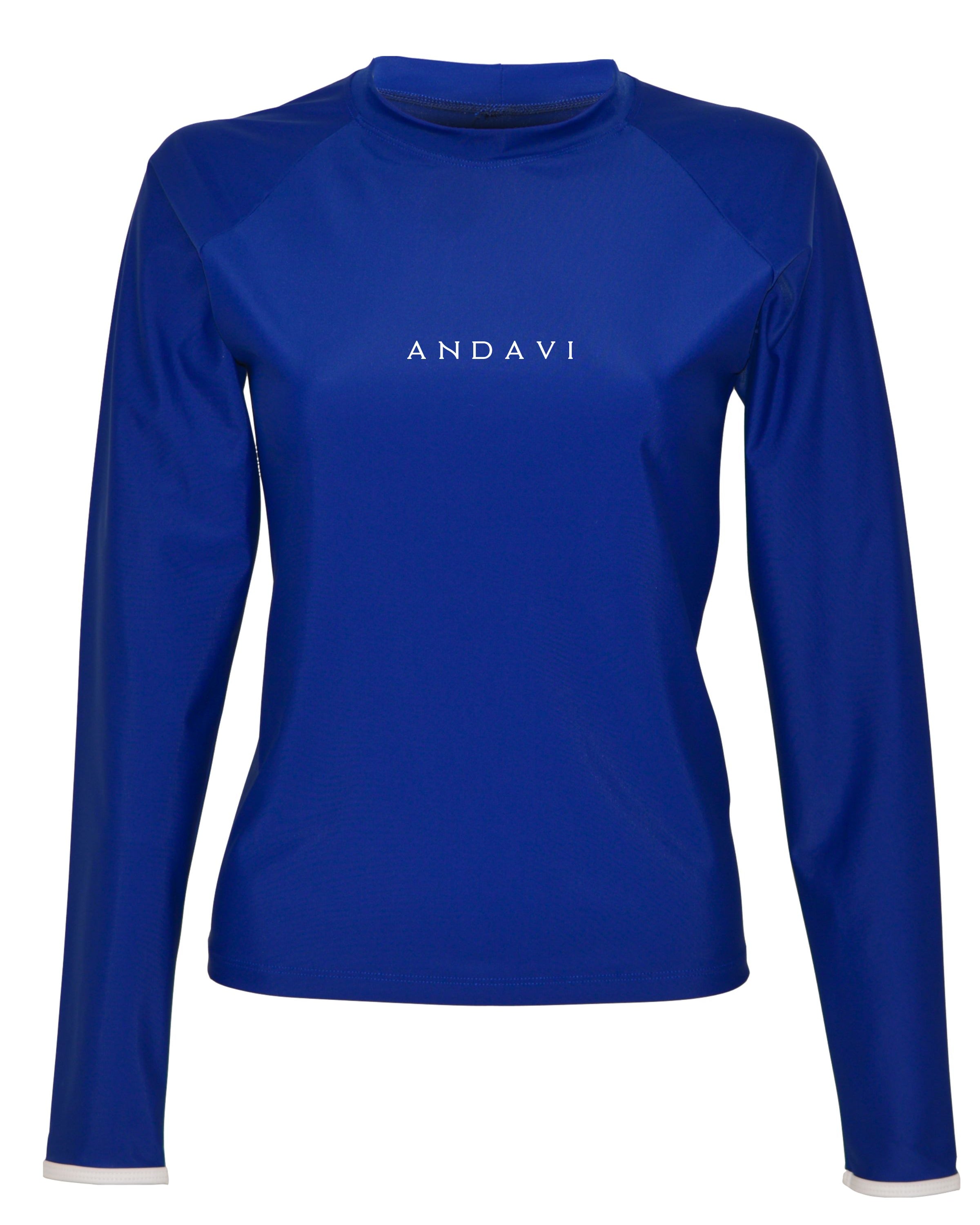 Blue long-sleeve shirt with 'ANDAVI' branding on a white background