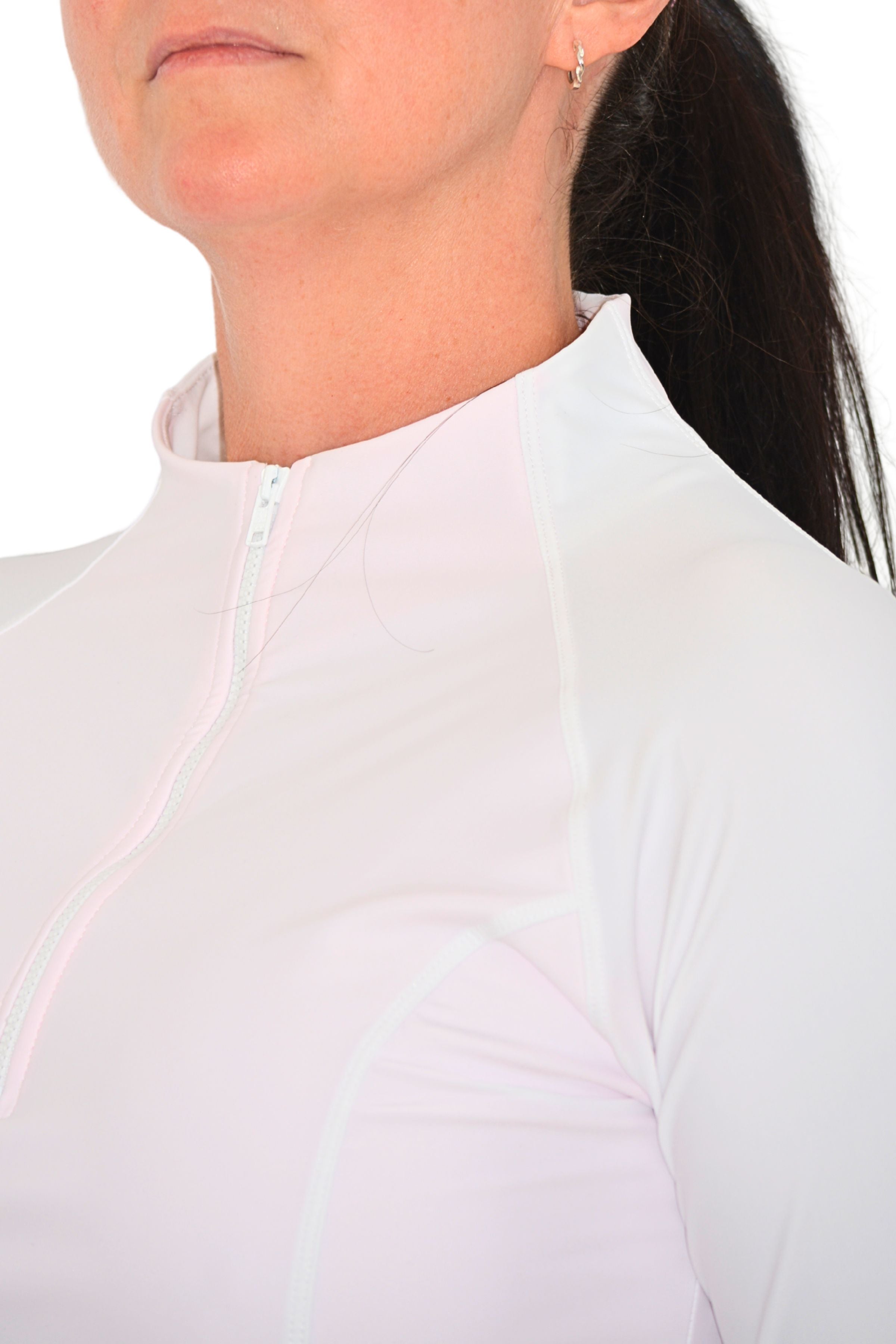 model wearing andavi white pink swim active sun protections upf50+ dress cover up with front zip and high neck collar