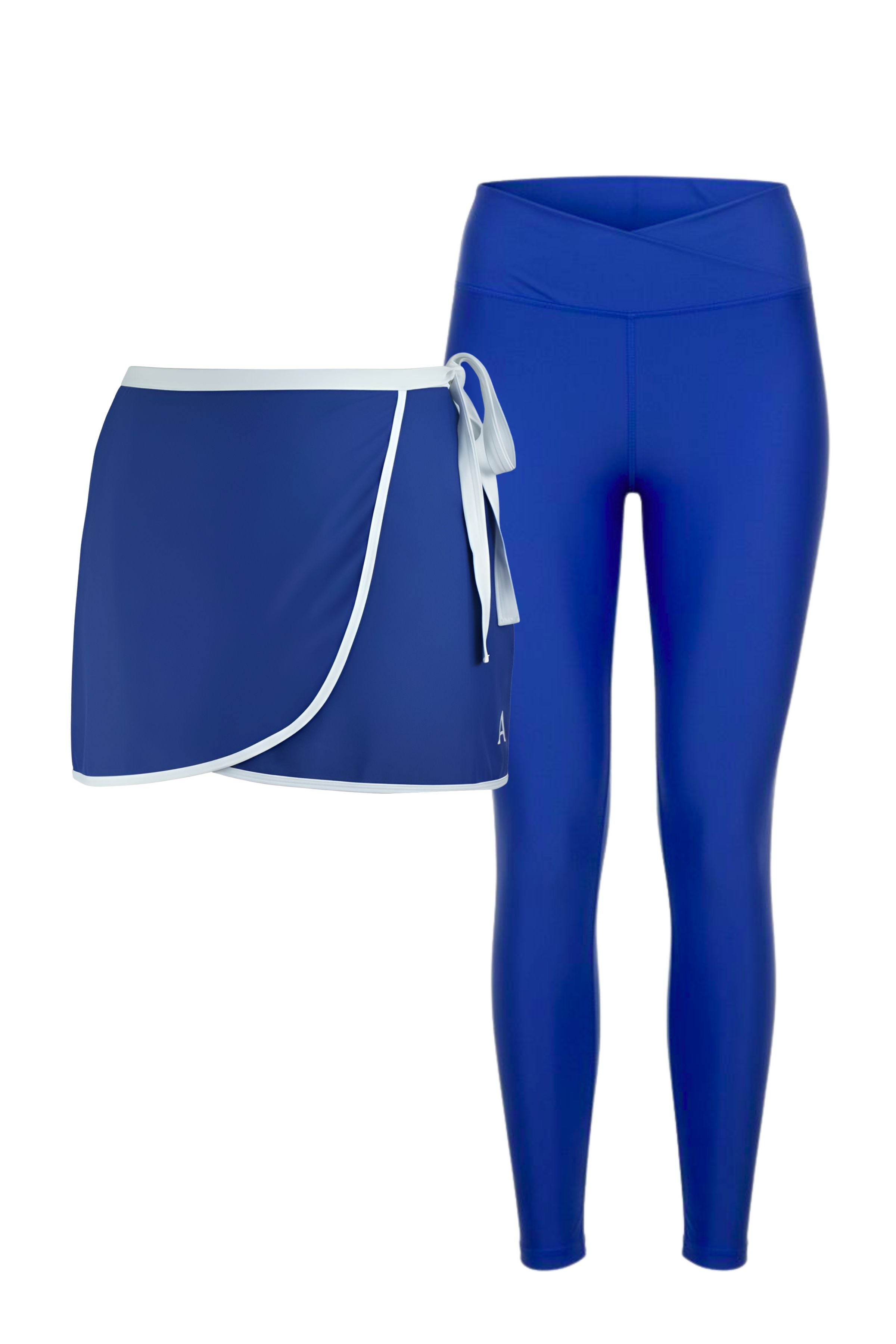 Blue athletic swim skirt and leggings set on a white background