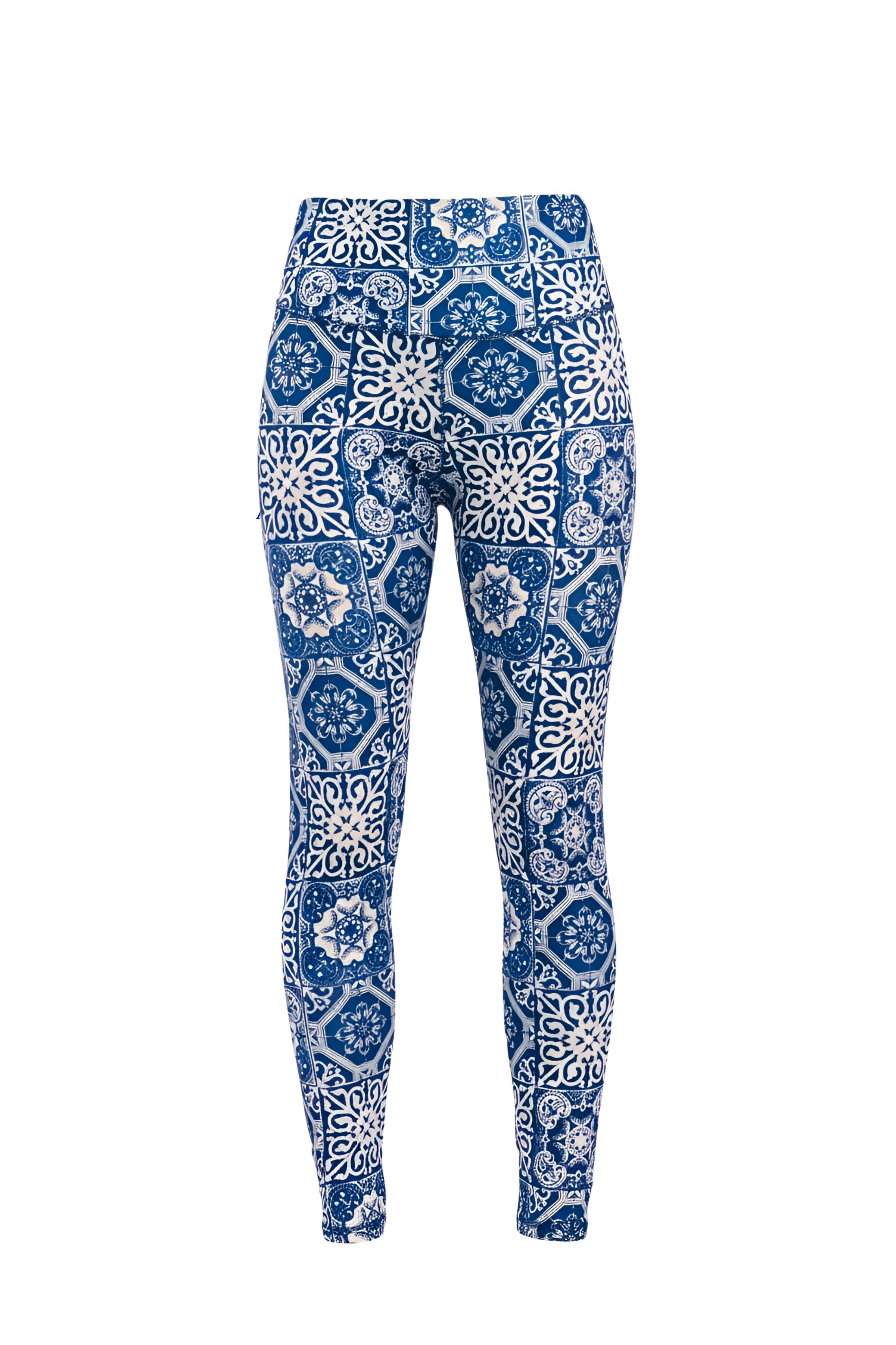 Blue patterned swim leggings on a white background