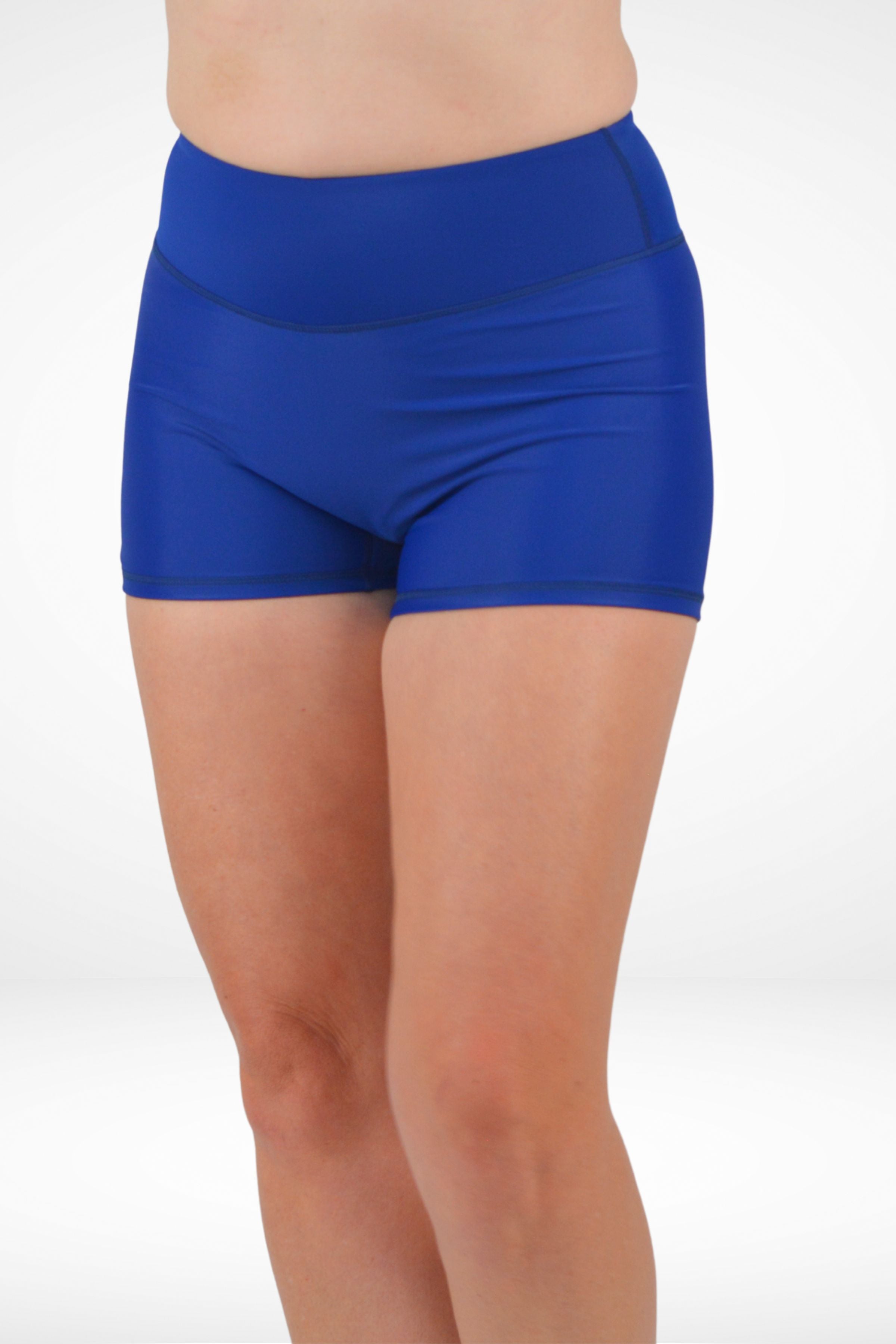 Blue athletic shorts worn by a person on a white background