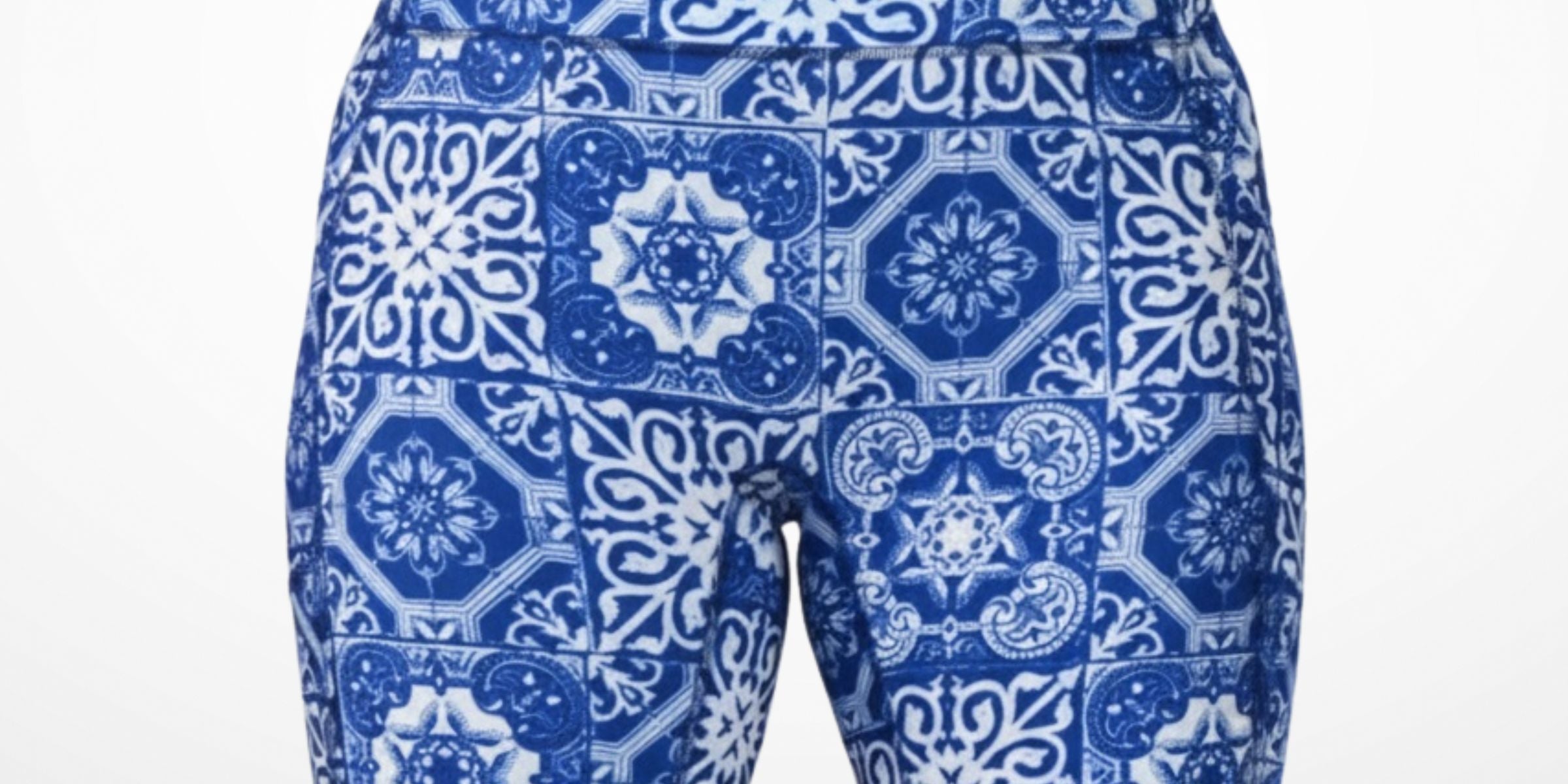 Blue patterned shorts on a white background