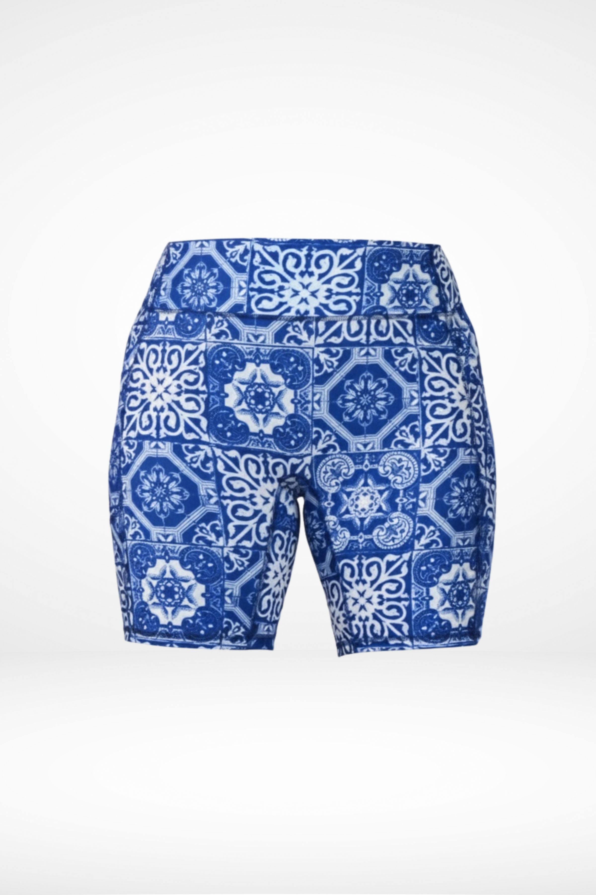 Blue patterned shorts on a white background