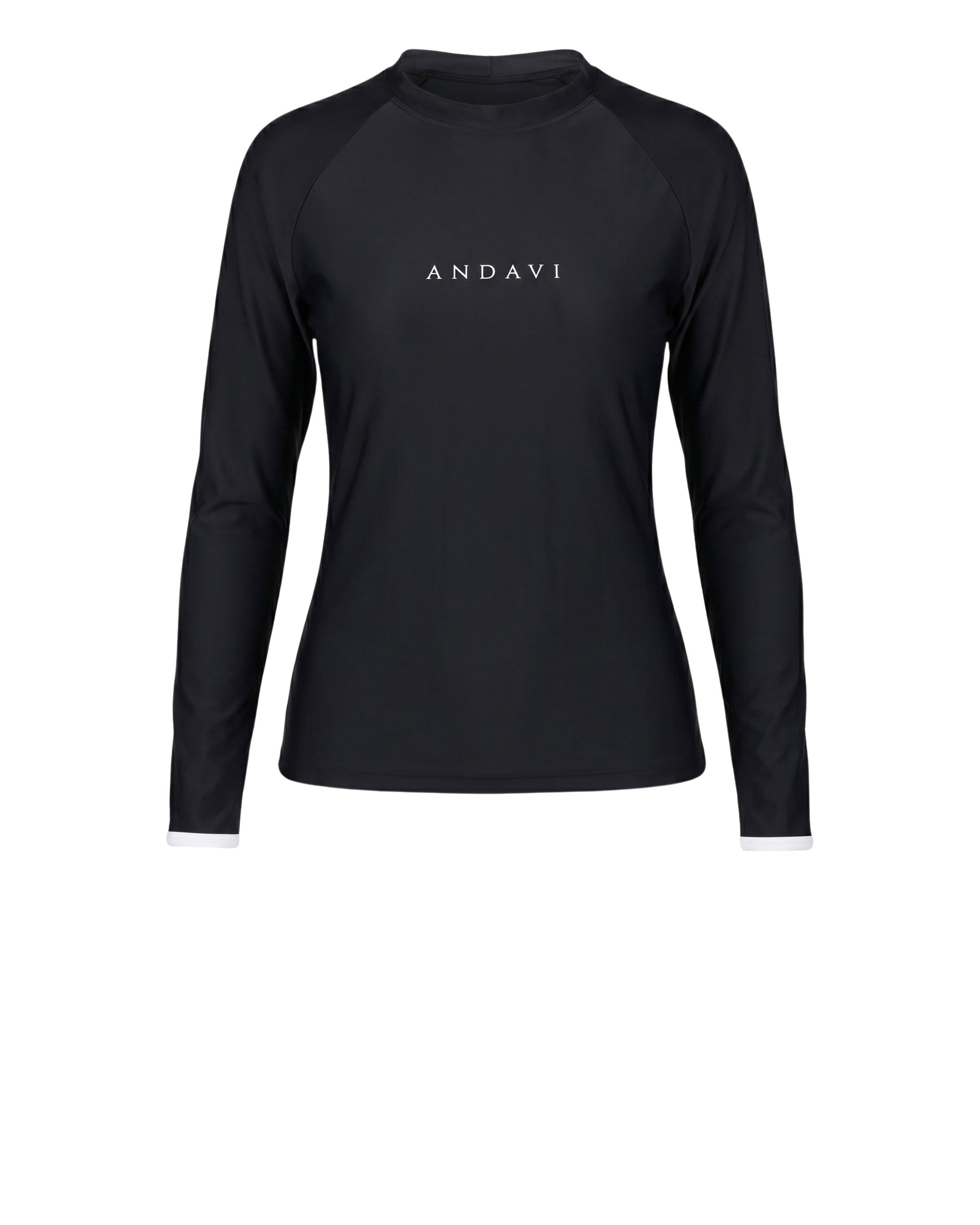 Black long-sleeve shirt with 'ANDAVI' branding on a white background