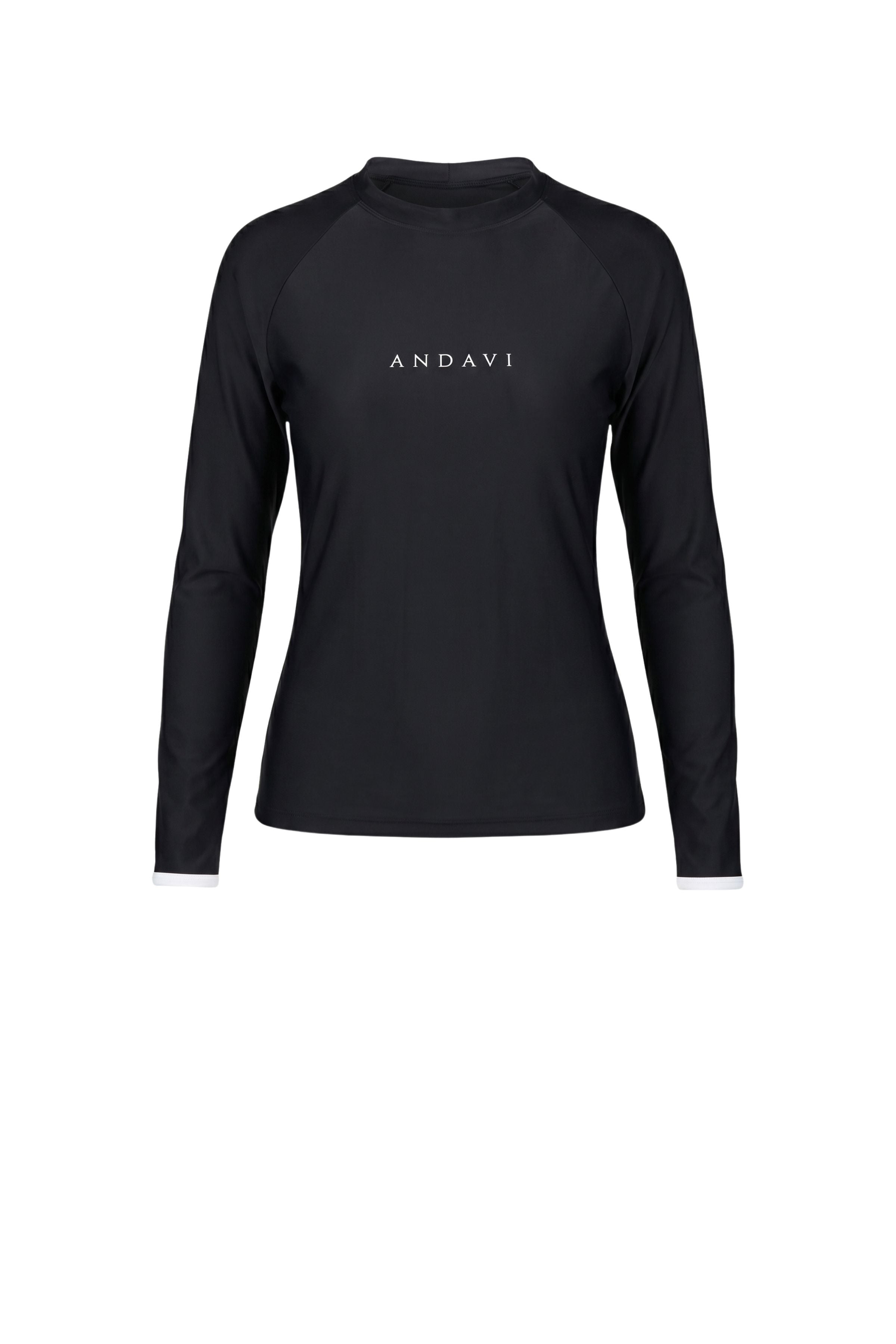 Black long-sleeve shirt with 'ANDAVI' branding on a white background