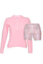 sample photo light pink quarter zip long sleeve rash guard and floral bike pants with side pocket