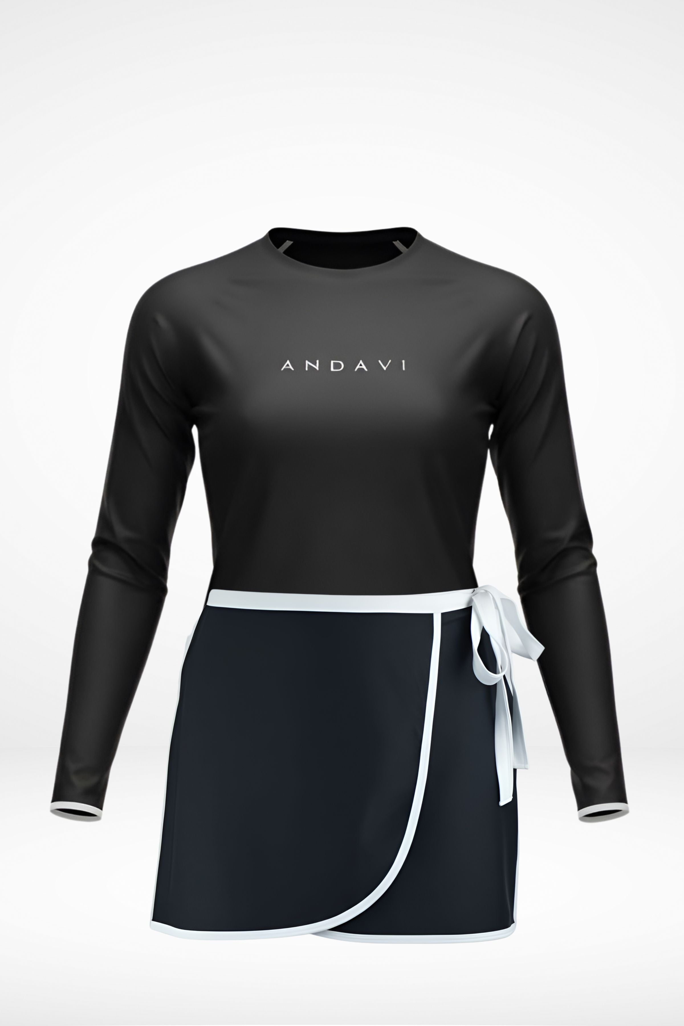 andavi black rash guard and matching black and white wrap swim skirt