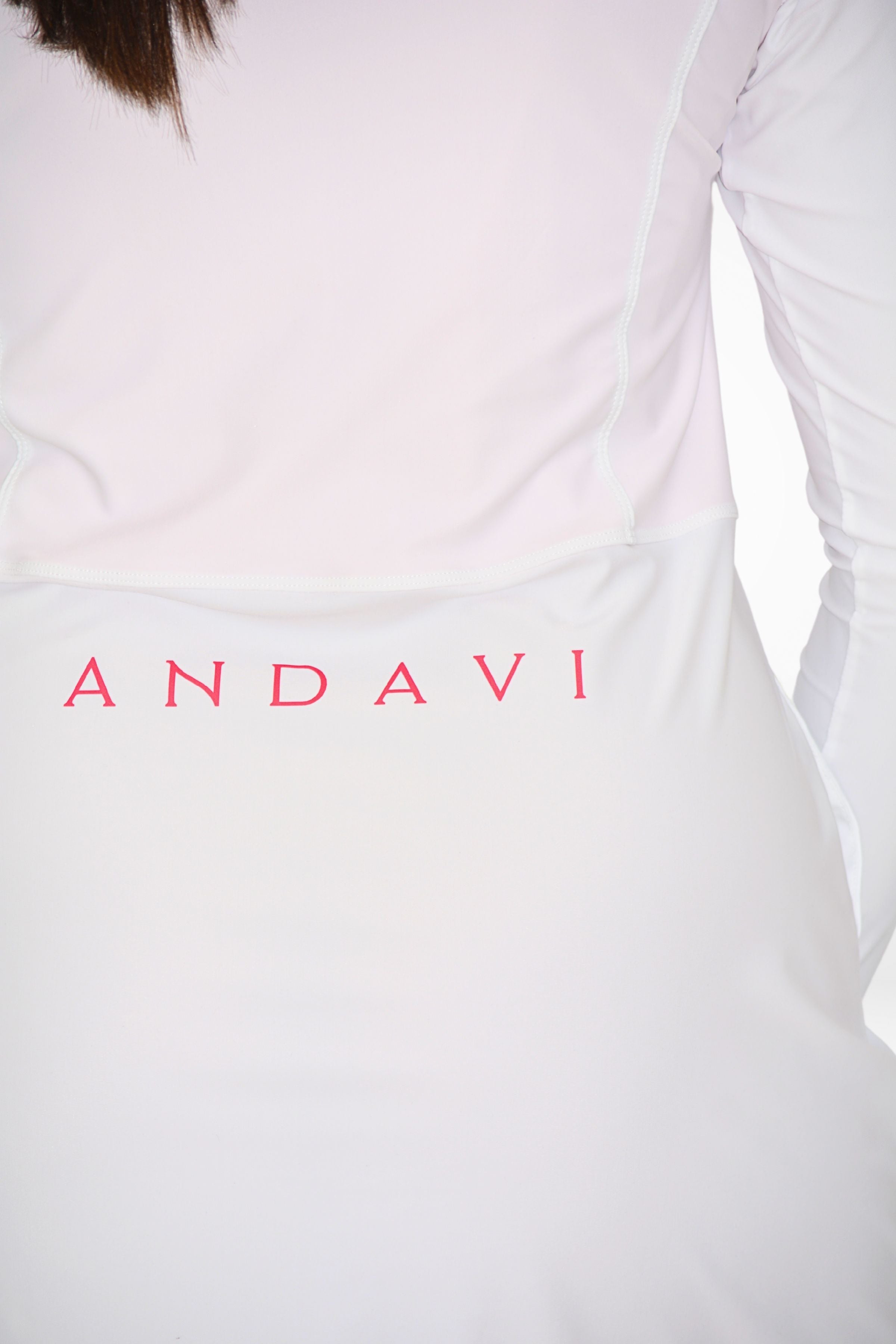 model wearing andavi white pink swim active sun protections upf50+ dress cover up with front zip and high neck collar