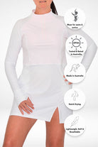 model wearing andavi white pink swim active sun protections upf50+ dress cover up with front zip and high neck collar