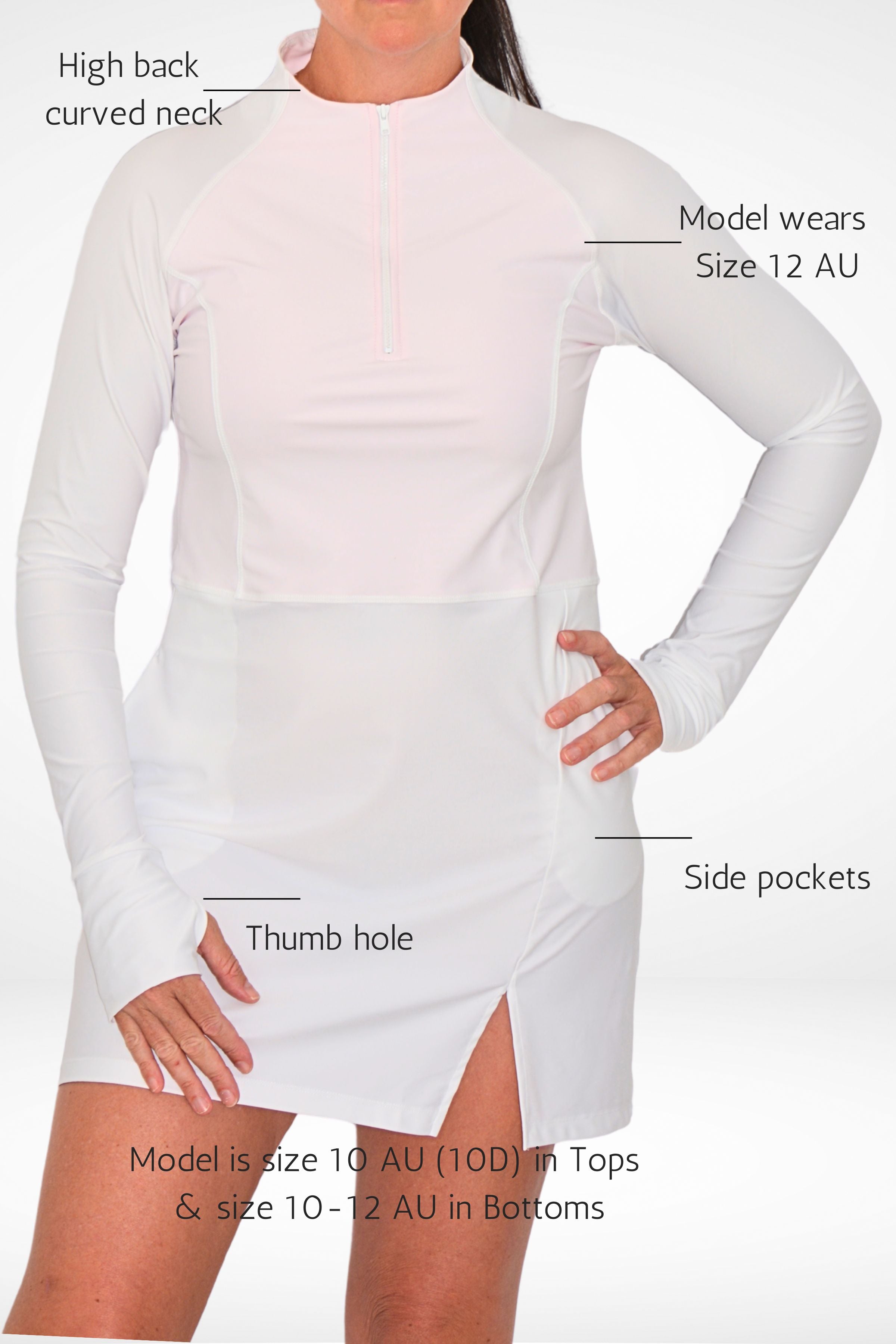 model wearing andavi white pink swim active sun protections upf50+ dress cover up with front zip and high neck collar