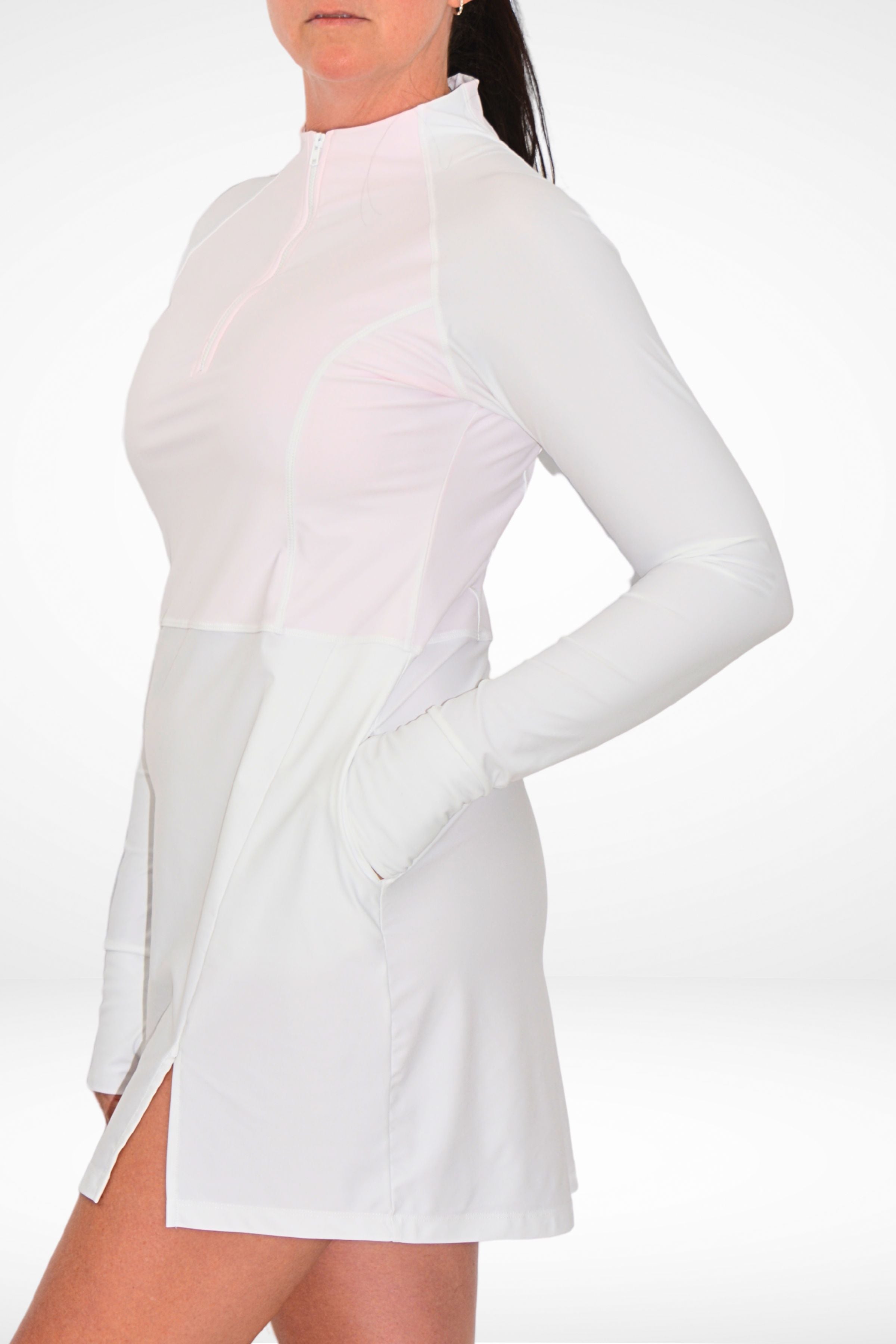 model wearing andavi white pink swim active sun protections upf50+ dress cover up with front zip and high neck collar