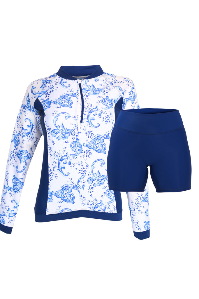 andavi swim rash guard bundle featuring blue and white print rash guard and matching dark blue swim active shorts 