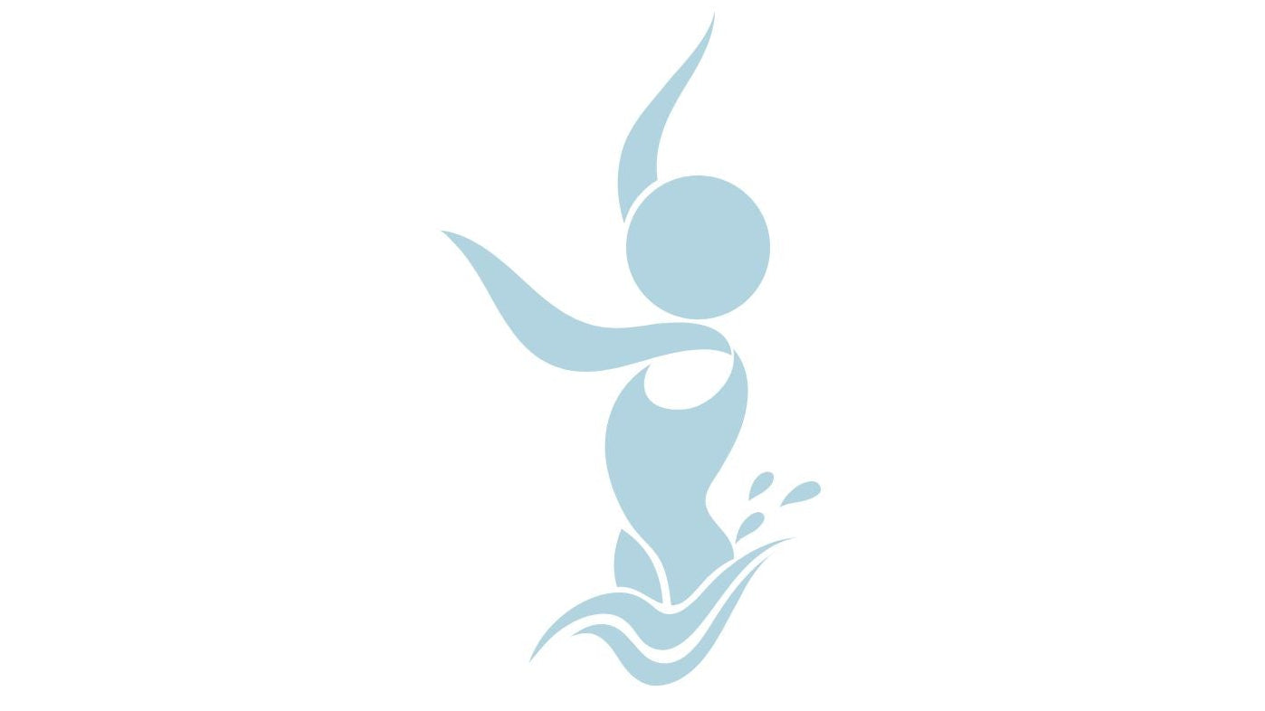 Logo for swim and active wear with a stylized swimmer icon on a white background.