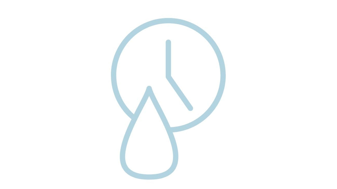 Icon of a droplet with a clock, symbolizing quick drying, on a white background.