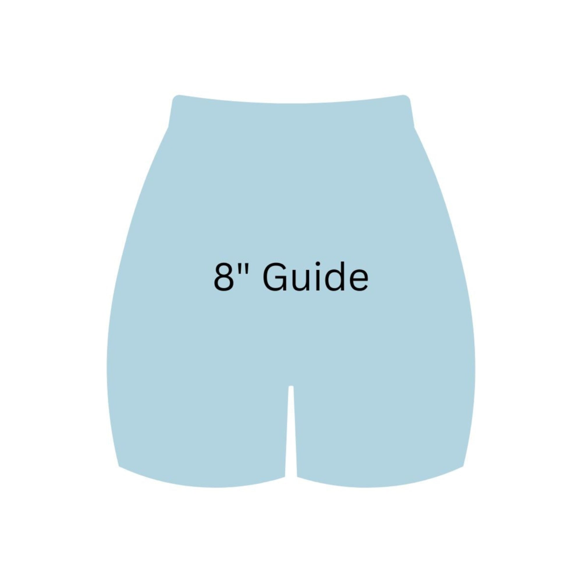 Light blue shorts with '8" Guide' text on a white background