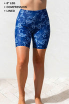 Blue patterned compression shorts on a person against a white background
