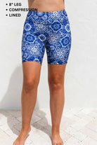 Blue patterned compression shorts on a white background
