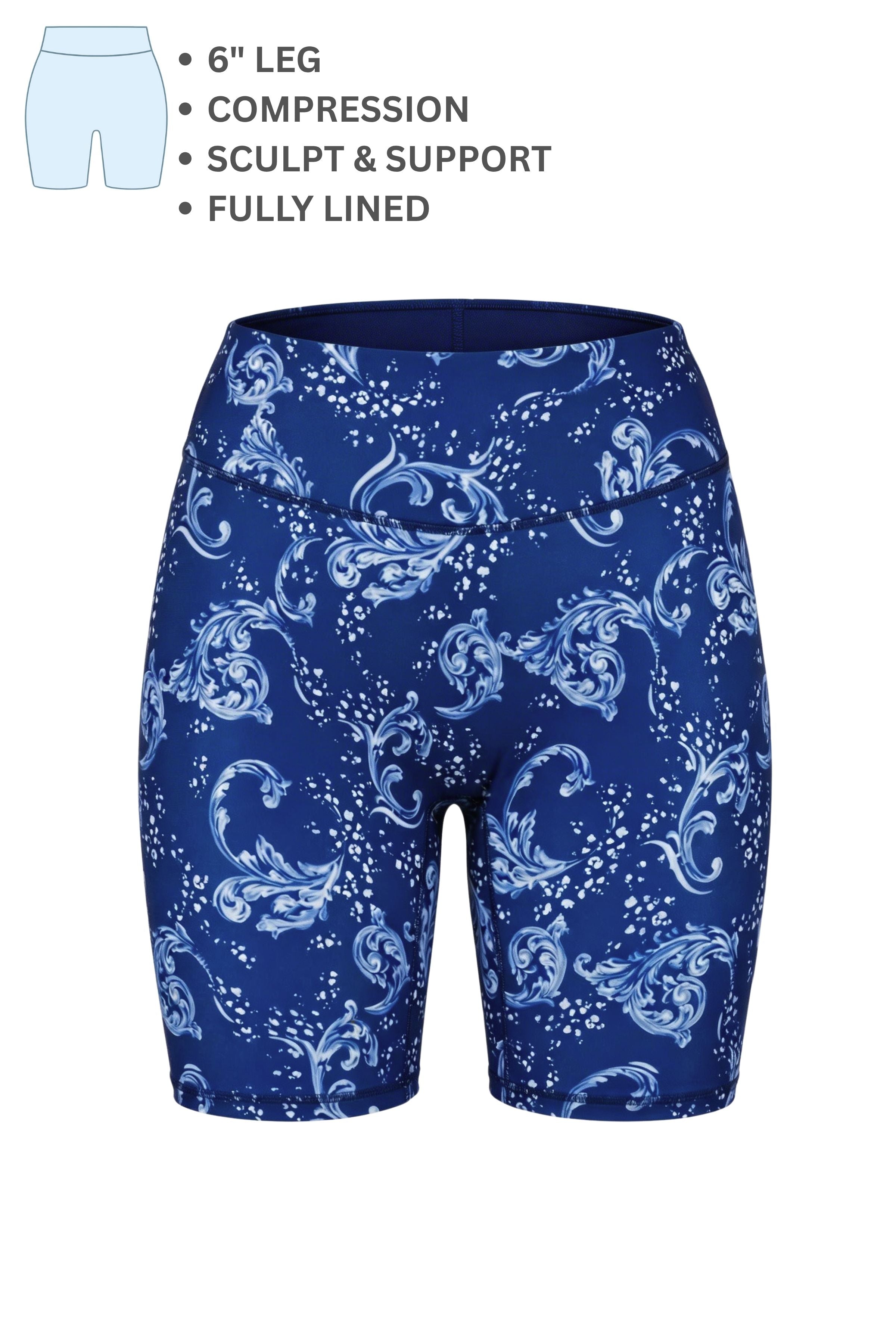 Blue patterned compression shorts with text detailing features on a white background