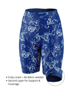 Blue athletic shorts with white patterns on a white background